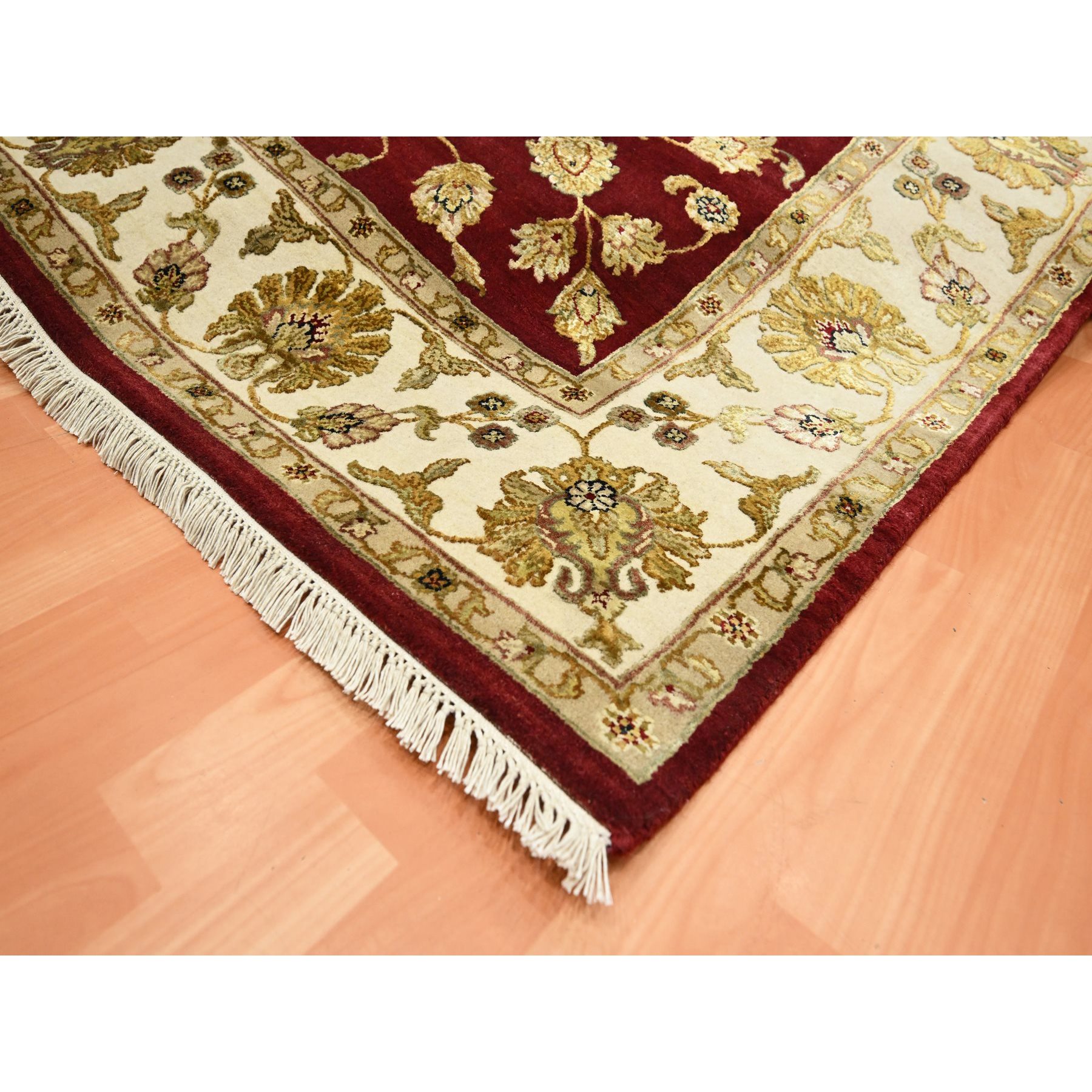 6'x9' Crimson Red, Hand Knotted, Wool and Silk, Soft Pile, Rajasthan with All Over Leaf Design, Thick and Plush, Oriental Rug Sh75604