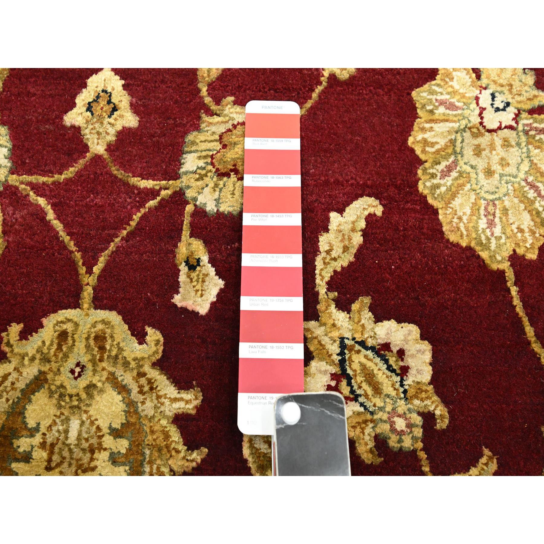 6'x9' Crimson Red, Hand Knotted, Wool and Silk, Soft Pile, Rajasthan with All Over Leaf Design, Thick and Plush, Oriental Rug Sh75604