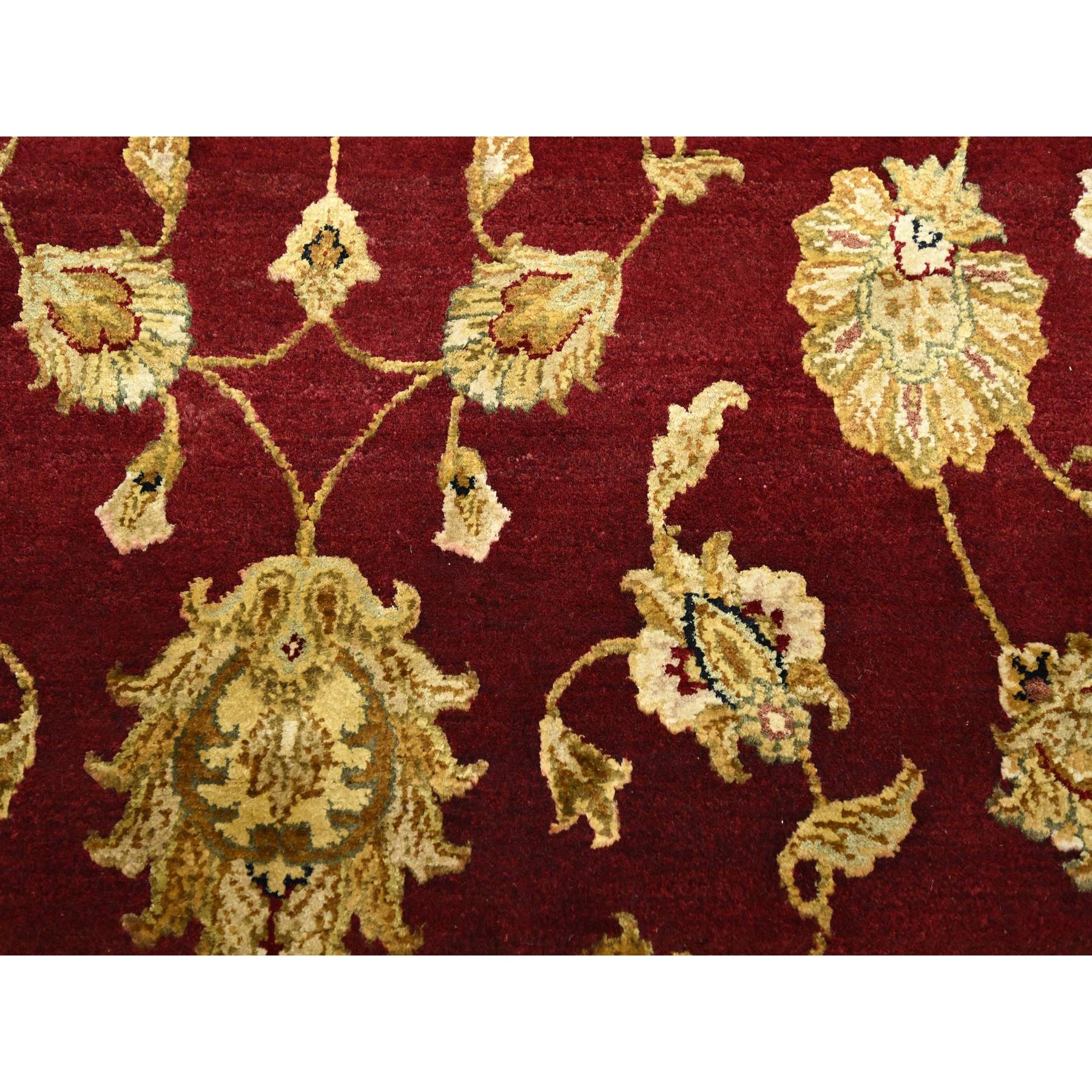 6'x9' Crimson Red, Hand Knotted, Wool and Silk, Soft Pile, Rajasthan with All Over Leaf Design, Thick and Plush, Oriental Rug Sh75604