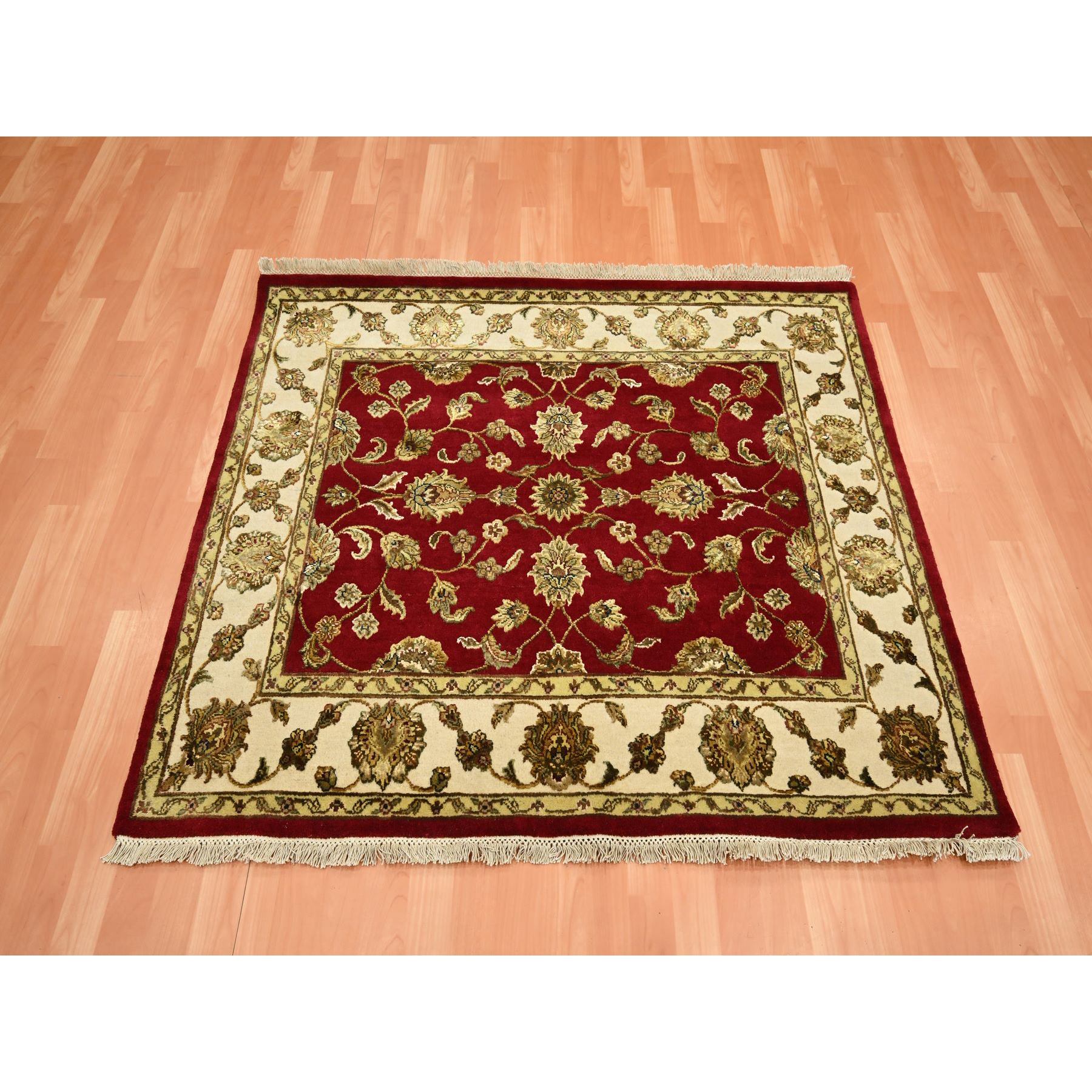 4'2"x5' Carmine Red, Rajasthan with All Over Leaf Design, Hand Knotted, Wool and Silk, Soft Pile, Thick and Plush, Squarish, Oriental Rug Sh75605