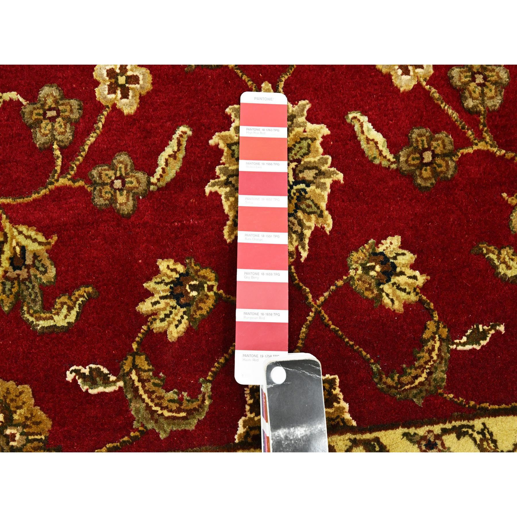 4'2"x5' Carmine Red, Rajasthan with All Over Leaf Design, Hand Knotted, Wool and Silk, Soft Pile, Thick and Plush, Squarish, Oriental Rug Sh75605