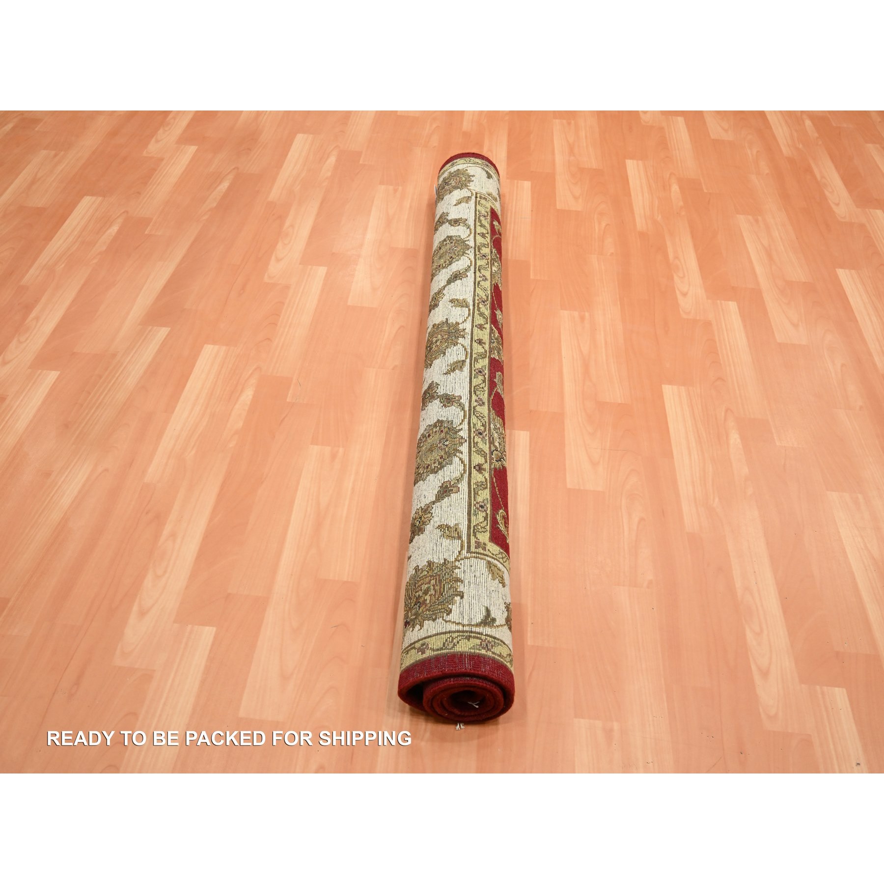 4'2"x5' Carmine Red, Rajasthan with All Over Leaf Design, Hand Knotted, Wool and Silk, Soft Pile, Thick and Plush, Squarish, Oriental Rug Sh75605