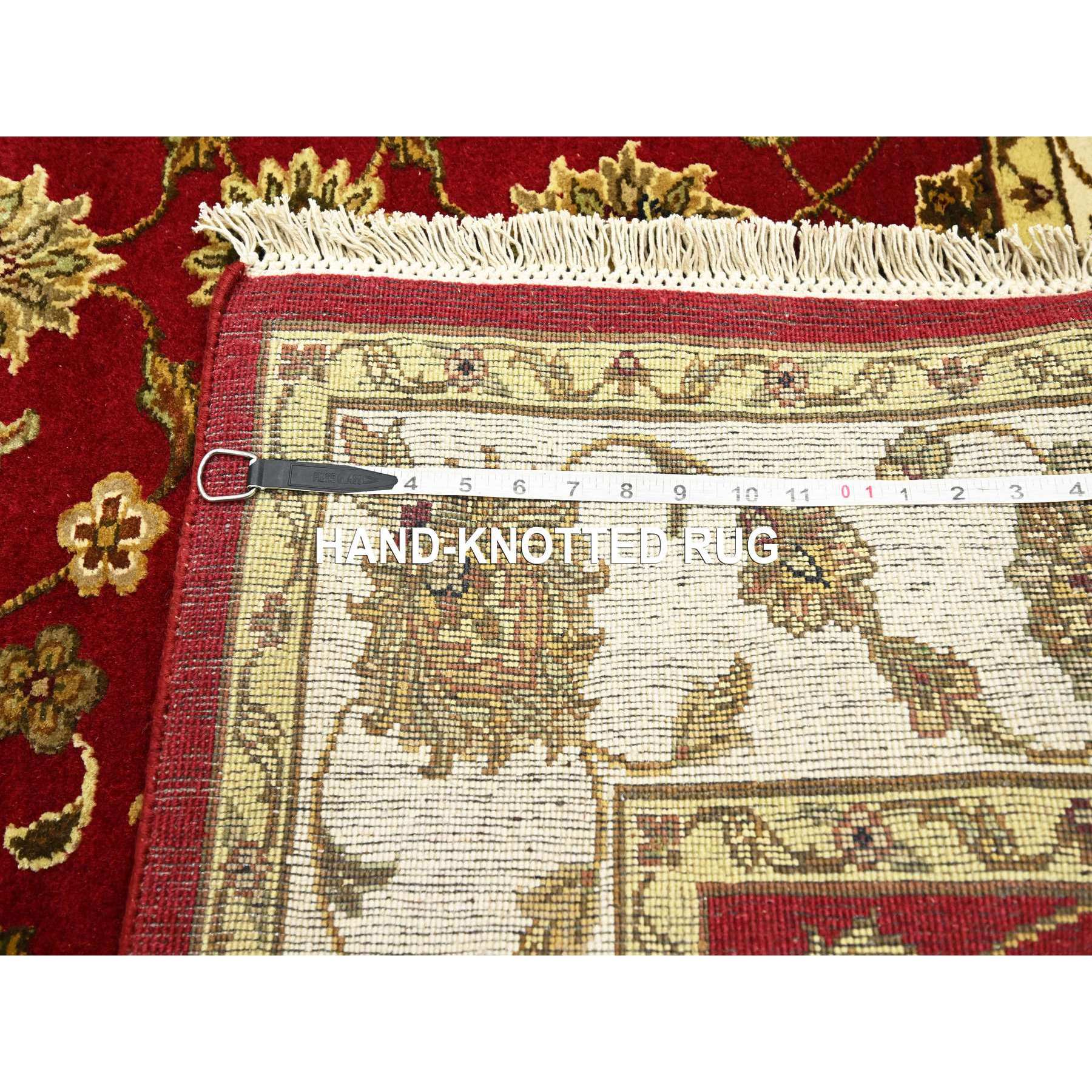 4'2"x5' Carmine Red, Rajasthan with All Over Leaf Design, Hand Knotted, Wool and Silk, Soft Pile, Thick and Plush, Squarish, Oriental Rug Sh75605