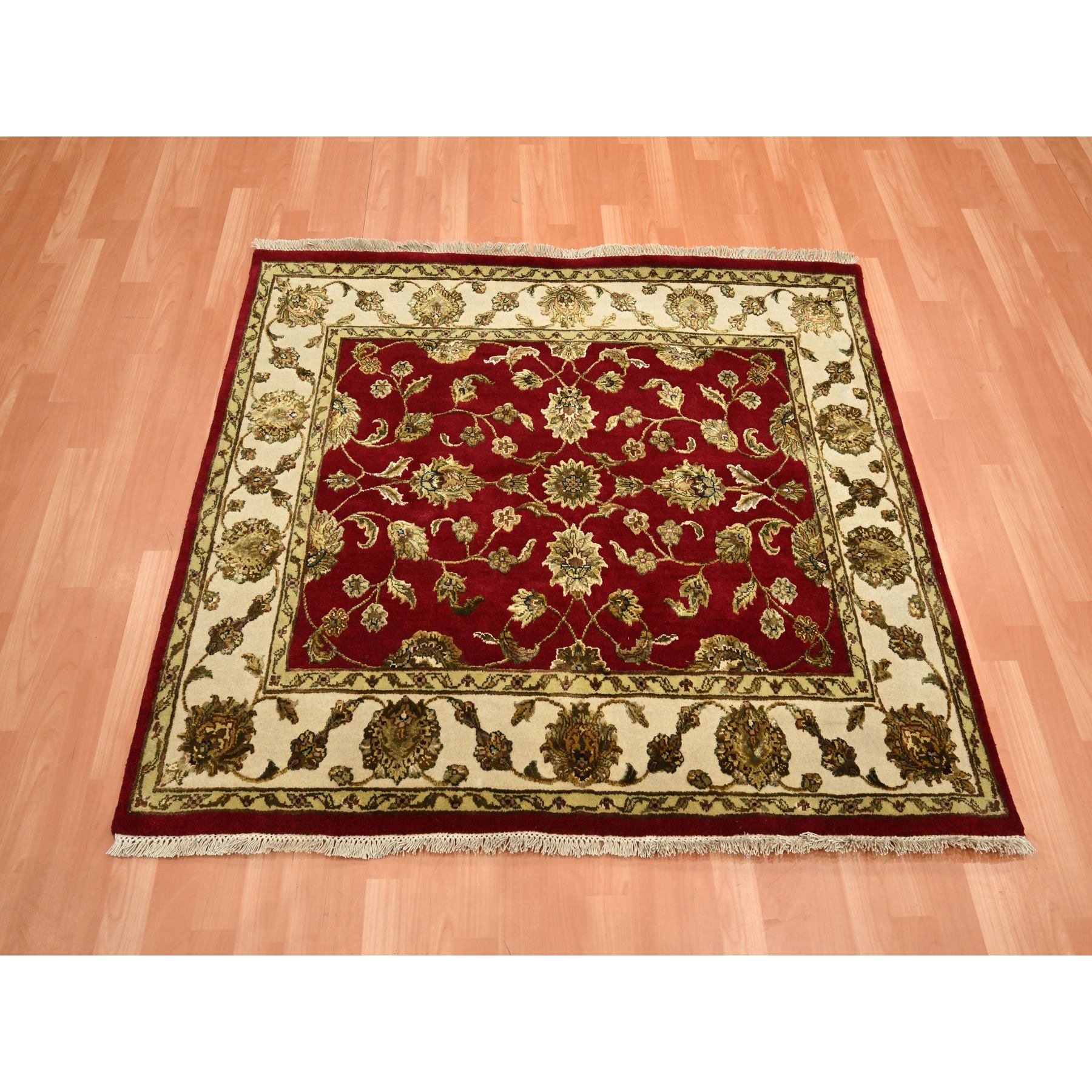 4'1"x5' Currant Red, Hand Knotted, Wool and Silk, Soft Pile, Thick and Plush, Rajasthan with All Over Leaf Design, Squarish, Oriental Rug Sh75606
