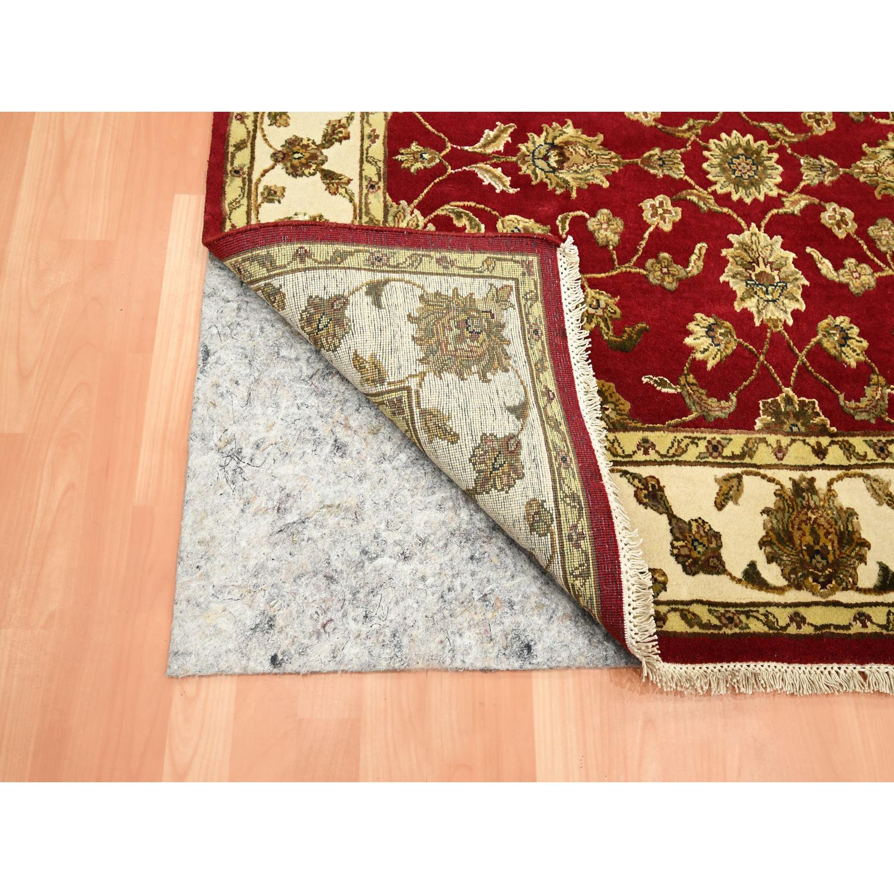 4'1"x5' Currant Red, Hand Knotted, Wool and Silk, Soft Pile, Thick and Plush, Rajasthan with All Over Leaf Design, Squarish, Oriental Rug Sh75606