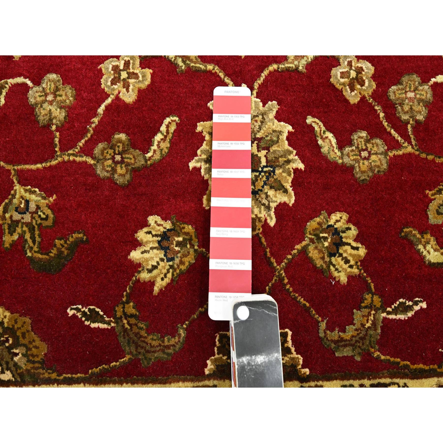 4'1"x5' Currant Red, Hand Knotted, Wool and Silk, Soft Pile, Thick and Plush, Rajasthan with All Over Leaf Design, Squarish, Oriental Rug Sh75606
