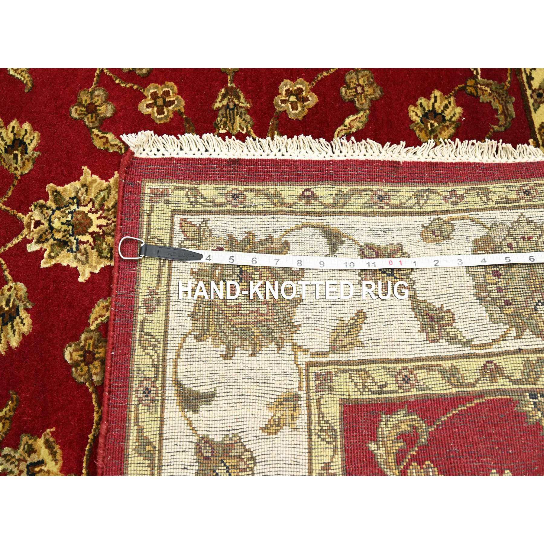 4'1"x5' Currant Red, Hand Knotted, Wool and Silk, Soft Pile, Thick and Plush, Rajasthan with All Over Leaf Design, Squarish, Oriental Rug Sh75606
