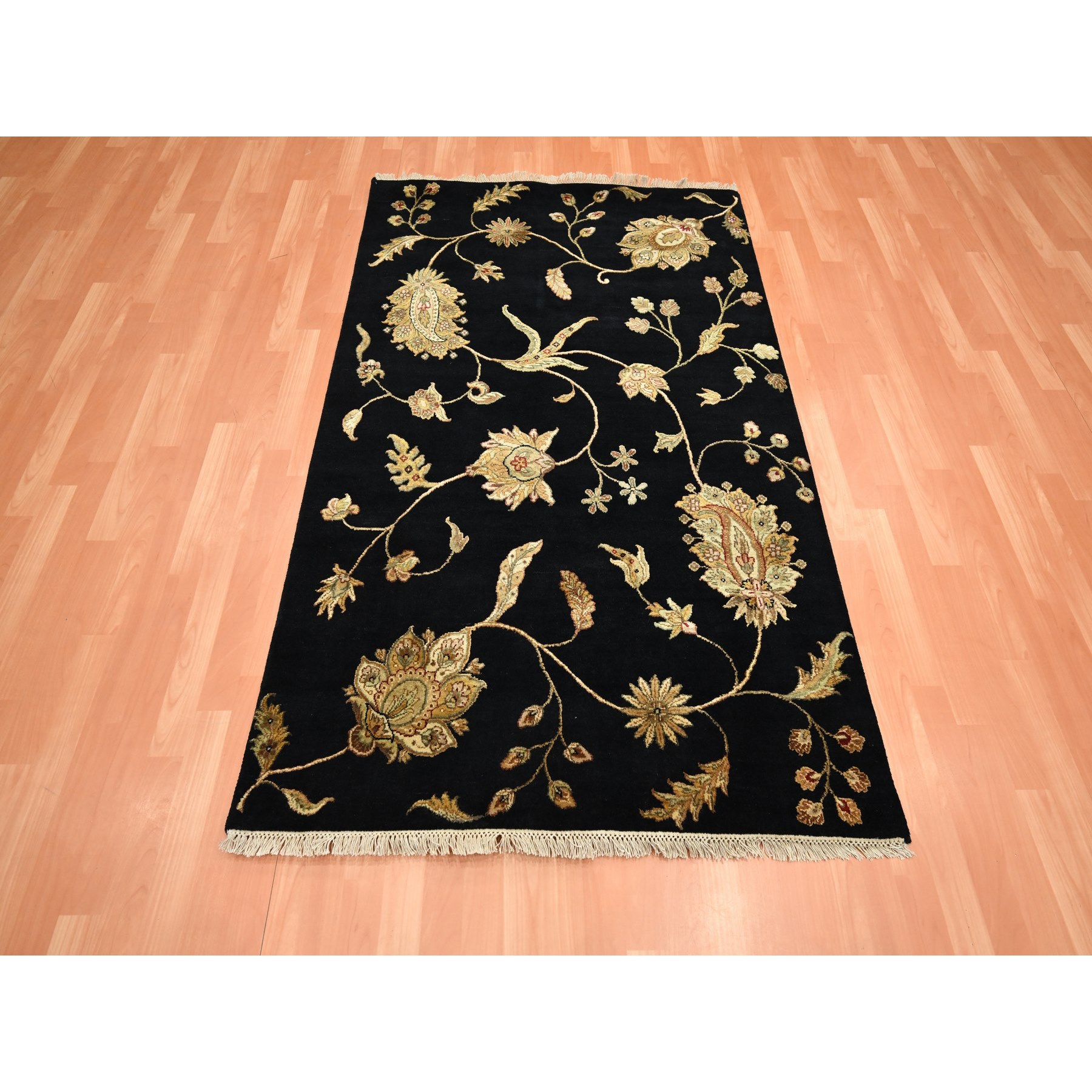 4'1"x6'1" Caviar Black, Half Wool and Half Silk, Borderless Botanical Design, Densely Woven, Soft Pile, Hand Knotted, Oriental Rug Sh75608