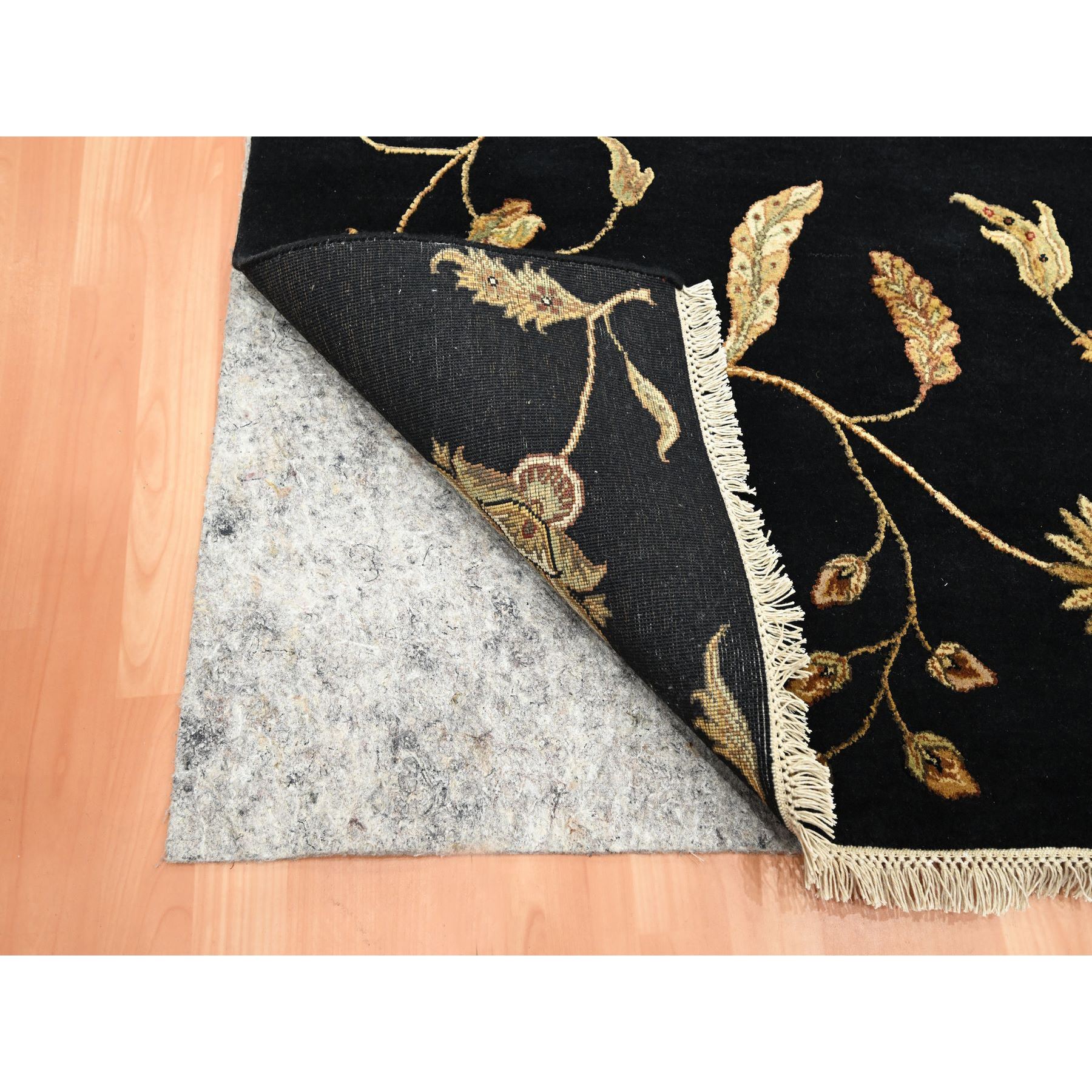 4'1"x6'1" Caviar Black, Half Wool and Half Silk, Borderless Botanical Design, Densely Woven, Soft Pile, Hand Knotted, Oriental Rug Sh75608