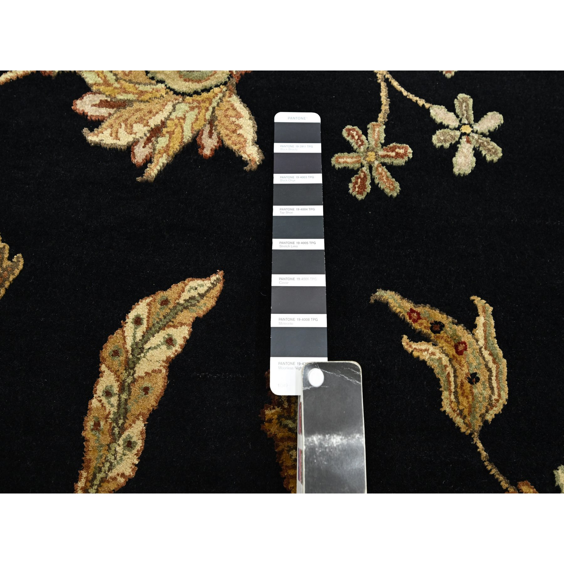 4'1"x6'1" Caviar Black, Half Wool and Half Silk, Borderless Botanical Design, Densely Woven, Soft Pile, Hand Knotted, Oriental Rug Sh75608
