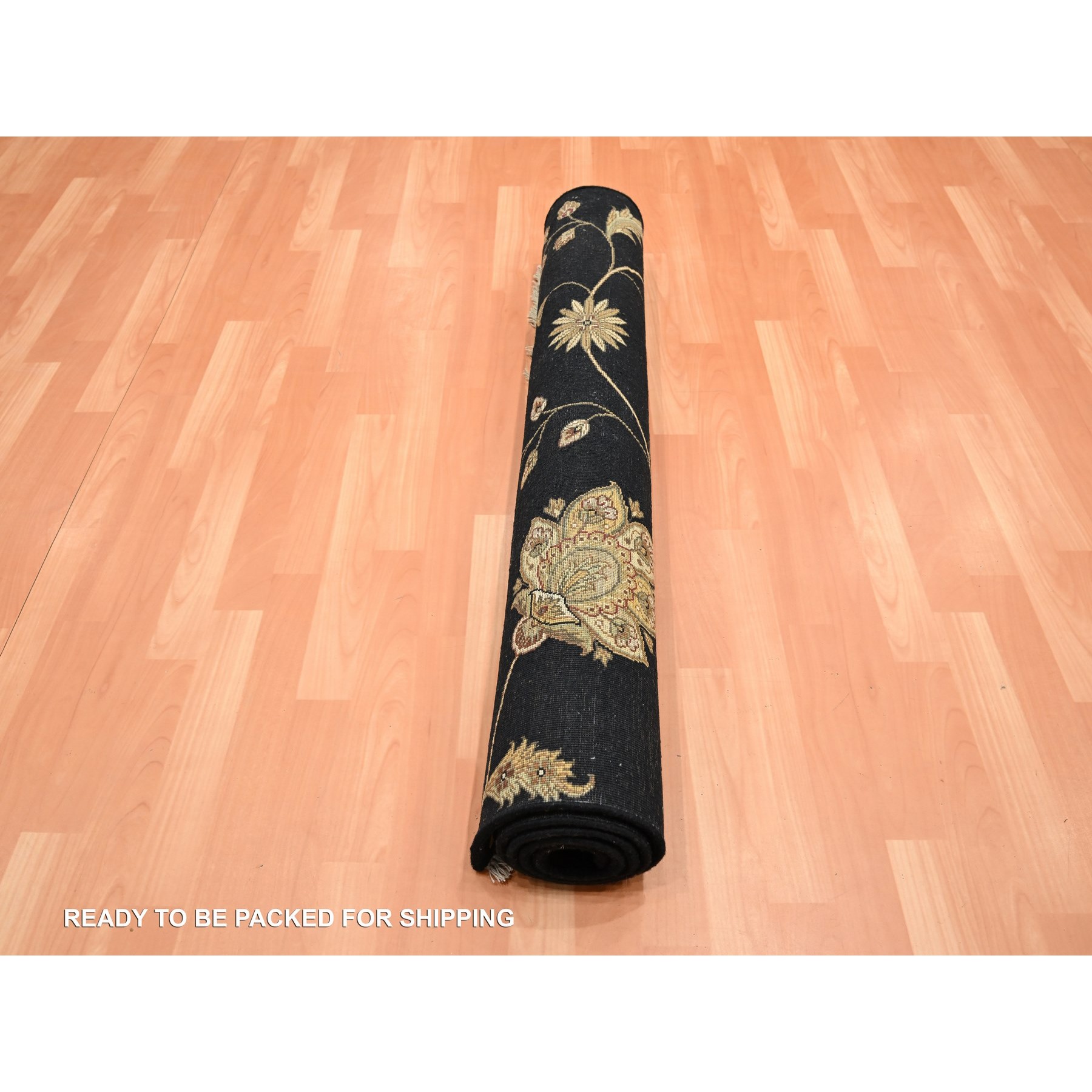 4'1"x6'1" Caviar Black, Half Wool and Half Silk, Borderless Botanical Design, Densely Woven, Soft Pile, Hand Knotted, Oriental Rug Sh75608