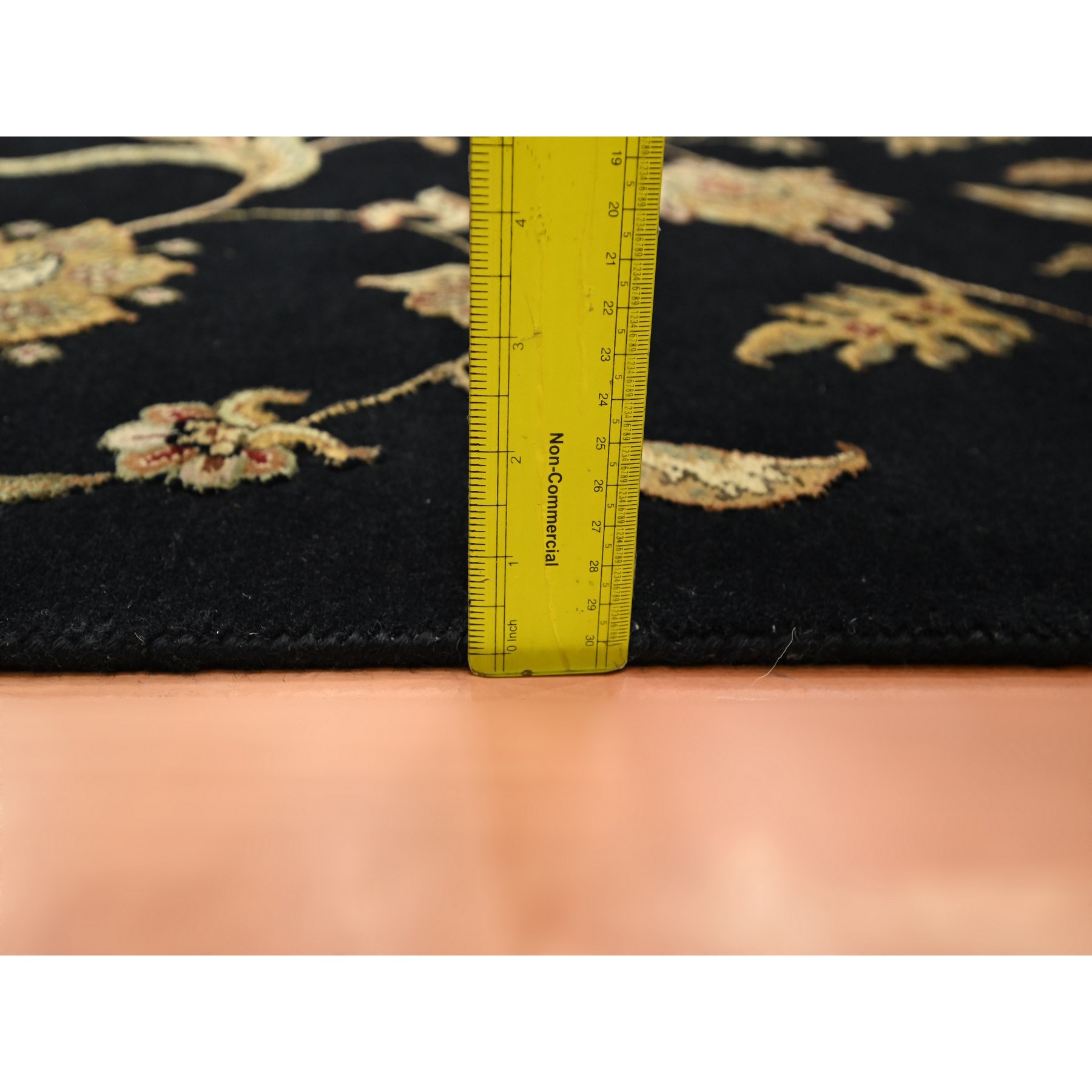 4'1"x6'1" Caviar Black, Half Wool and Half Silk, Borderless Botanical Design, Densely Woven, Soft Pile, Hand Knotted, Oriental Rug Sh75608