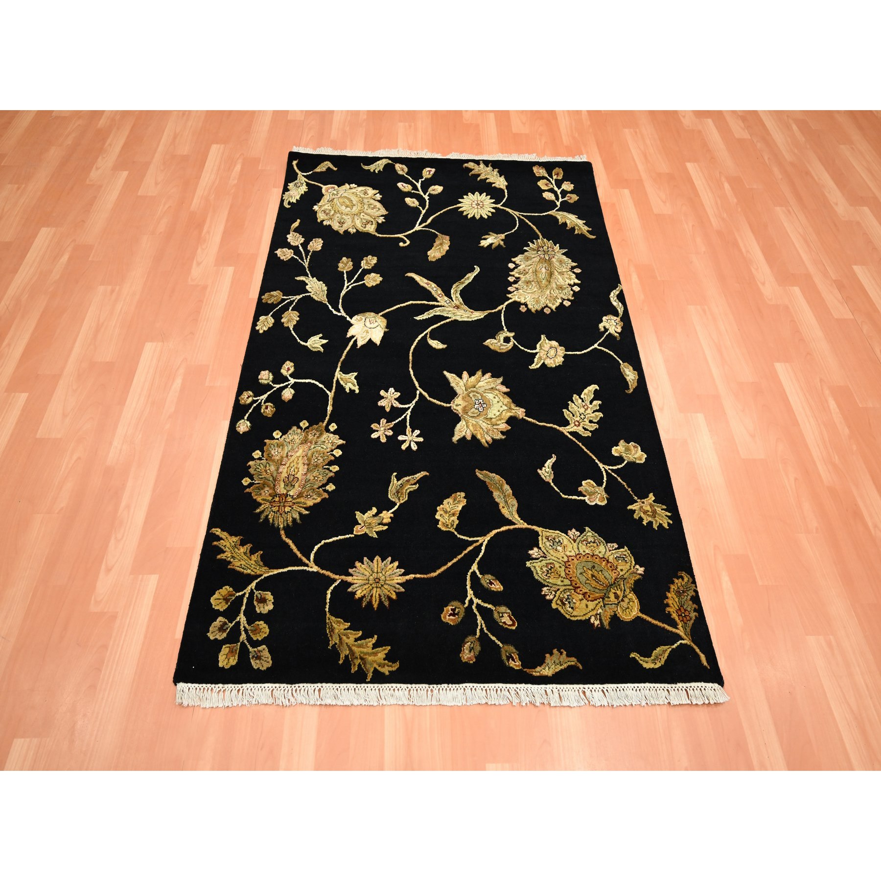4'x6' Midnight Black, Borderless Botanical Design, Half Wool and Half Silk, Densely Woven, Soft Pile, Hand Knotted, Oriental Rug Sh75609