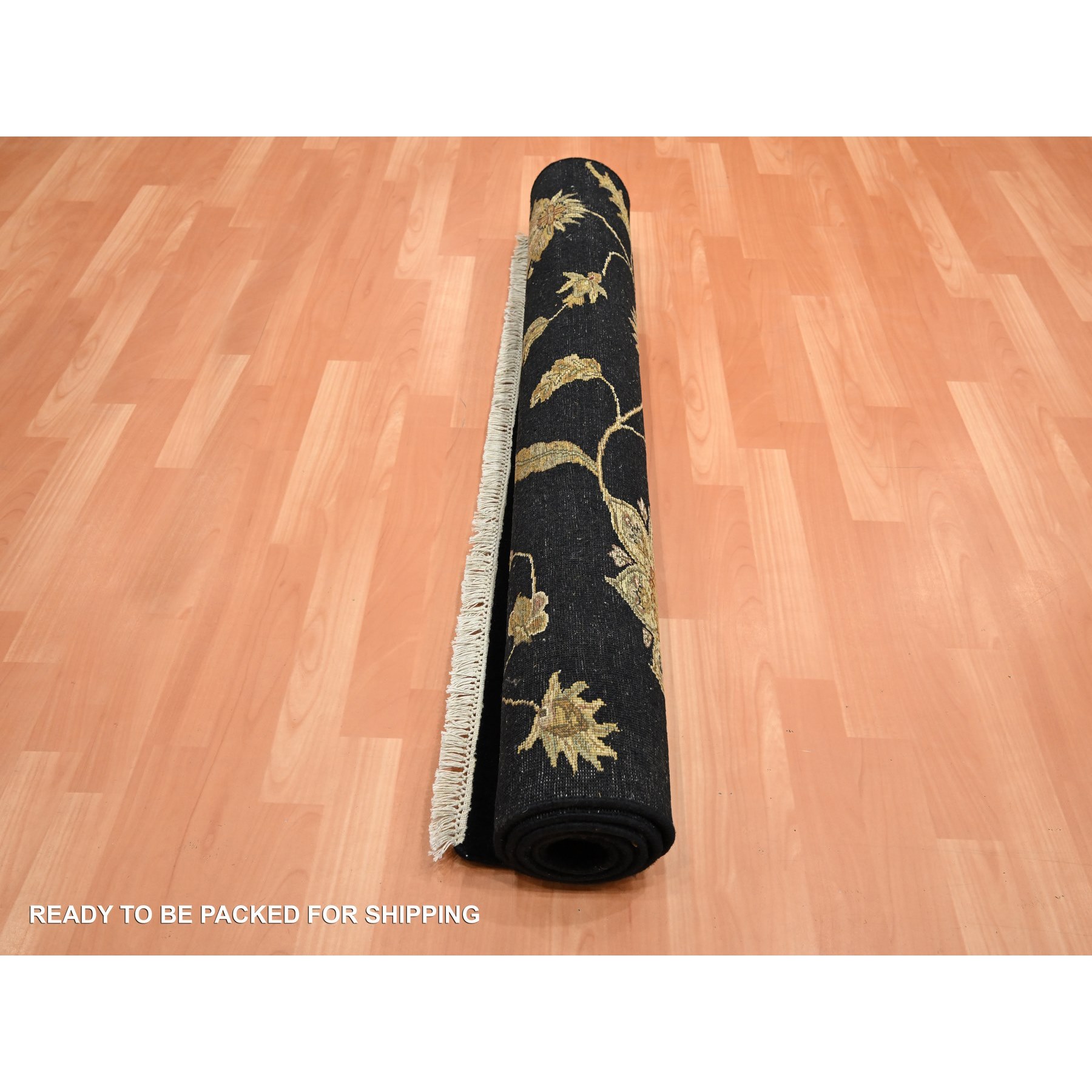 4'x6' Midnight Black, Borderless Botanical Design, Half Wool and Half Silk, Densely Woven, Soft Pile, Hand Knotted, Oriental Rug Sh75609