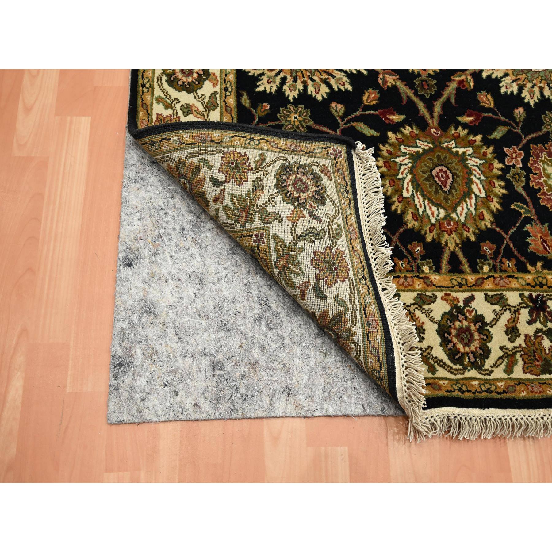 4'x15'9" Pitch Black, Rajasthan with All Over Leaf Design, Hand Knotted, Wool and Silk, Soft Pile, Thick and Plush, XL Runner, Oriental Rug Sh75610