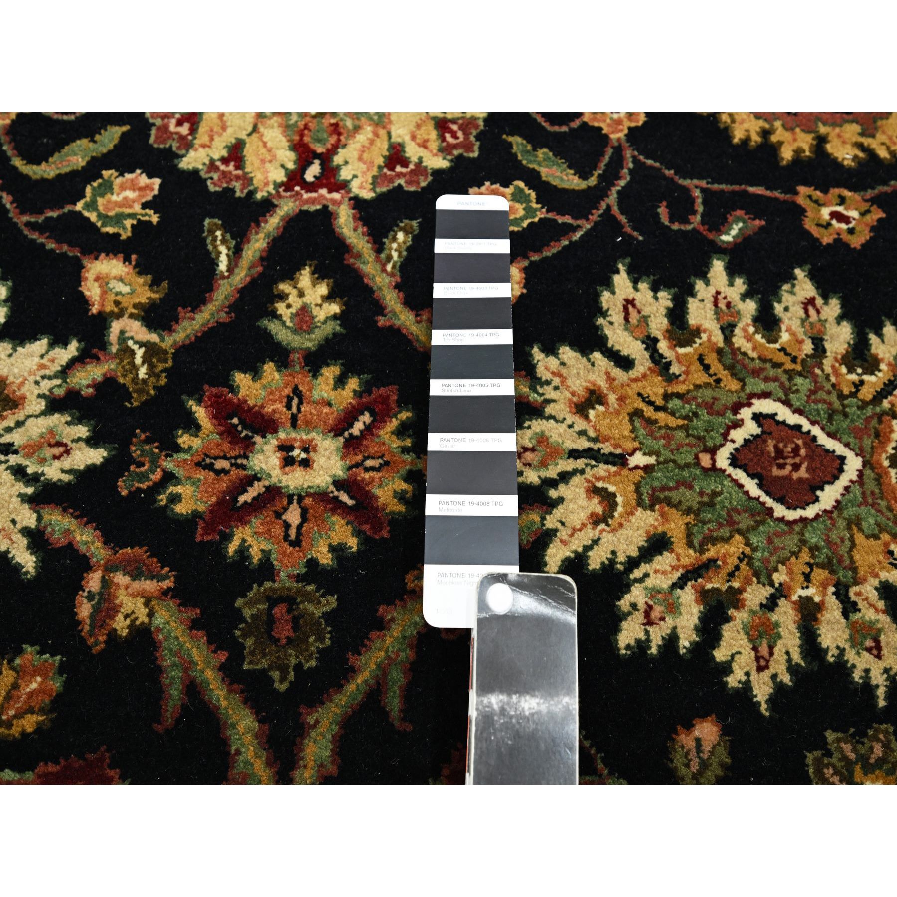 4'x15'9" Pitch Black, Rajasthan with All Over Leaf Design, Hand Knotted, Wool and Silk, Soft Pile, Thick and Plush, XL Runner, Oriental Rug Sh75610