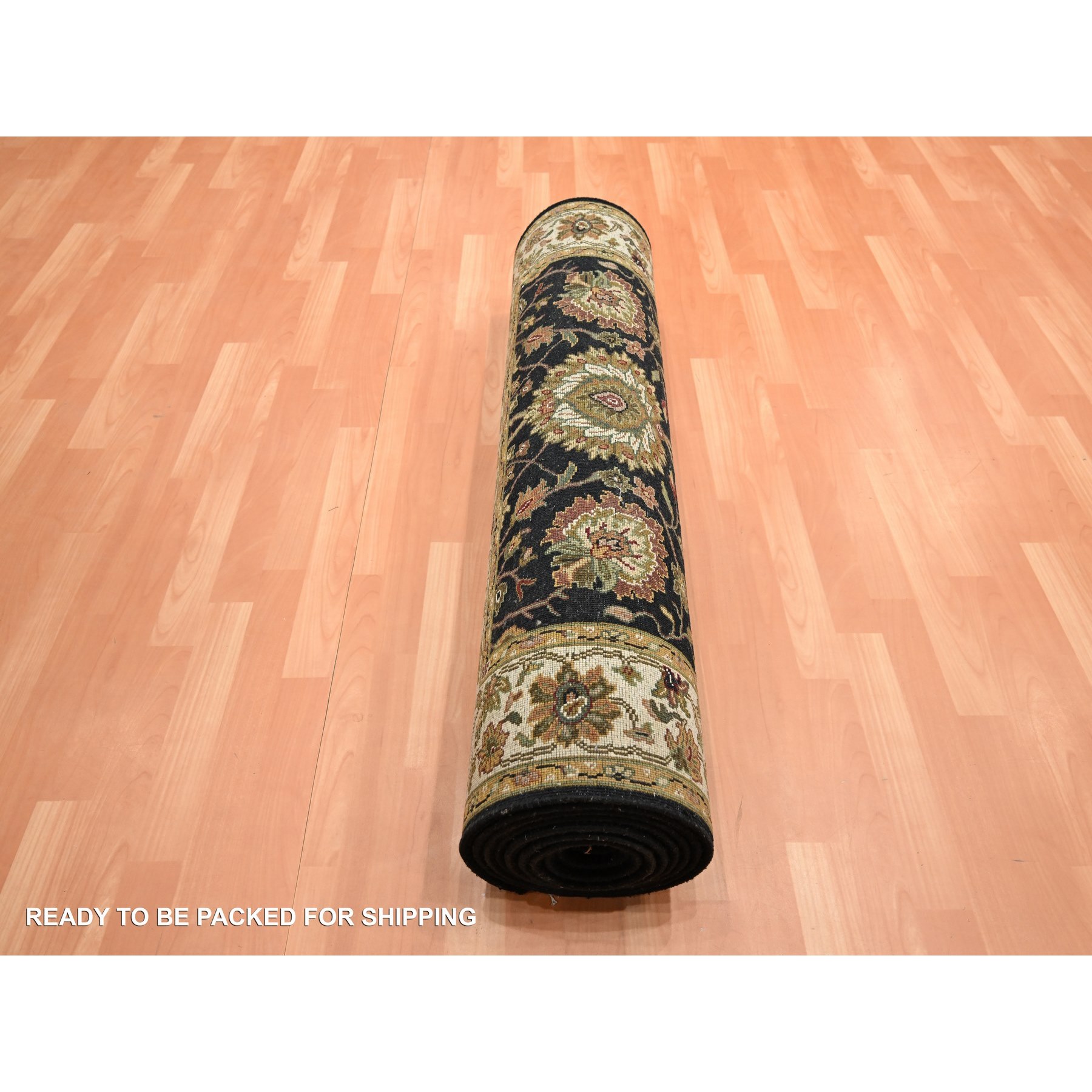 4'x15'9" Pitch Black, Rajasthan with All Over Leaf Design, Hand Knotted, Wool and Silk, Soft Pile, Thick and Plush, XL Runner, Oriental Rug Sh75610