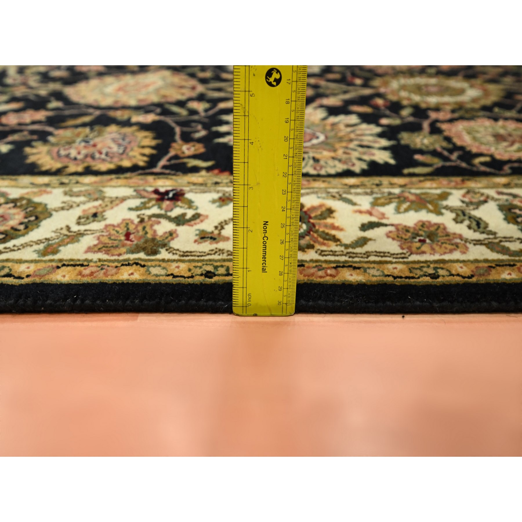 4'x15'9" Pitch Black, Rajasthan with All Over Leaf Design, Hand Knotted, Wool and Silk, Soft Pile, Thick and Plush, XL Runner, Oriental Rug Sh75610