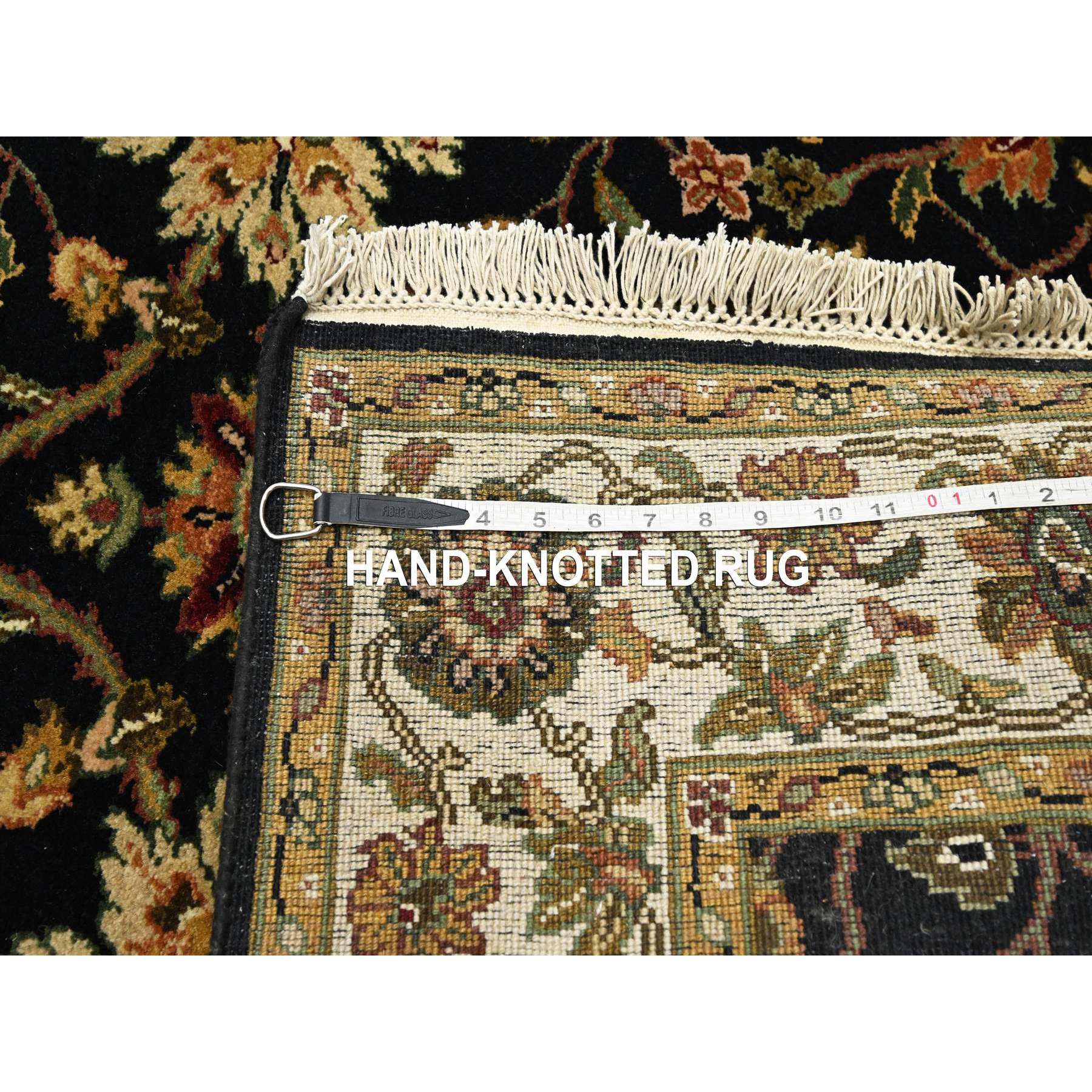 4'x15'9" Pitch Black, Rajasthan with All Over Leaf Design, Hand Knotted, Wool and Silk, Soft Pile, Thick and Plush, XL Runner, Oriental Rug Sh75610