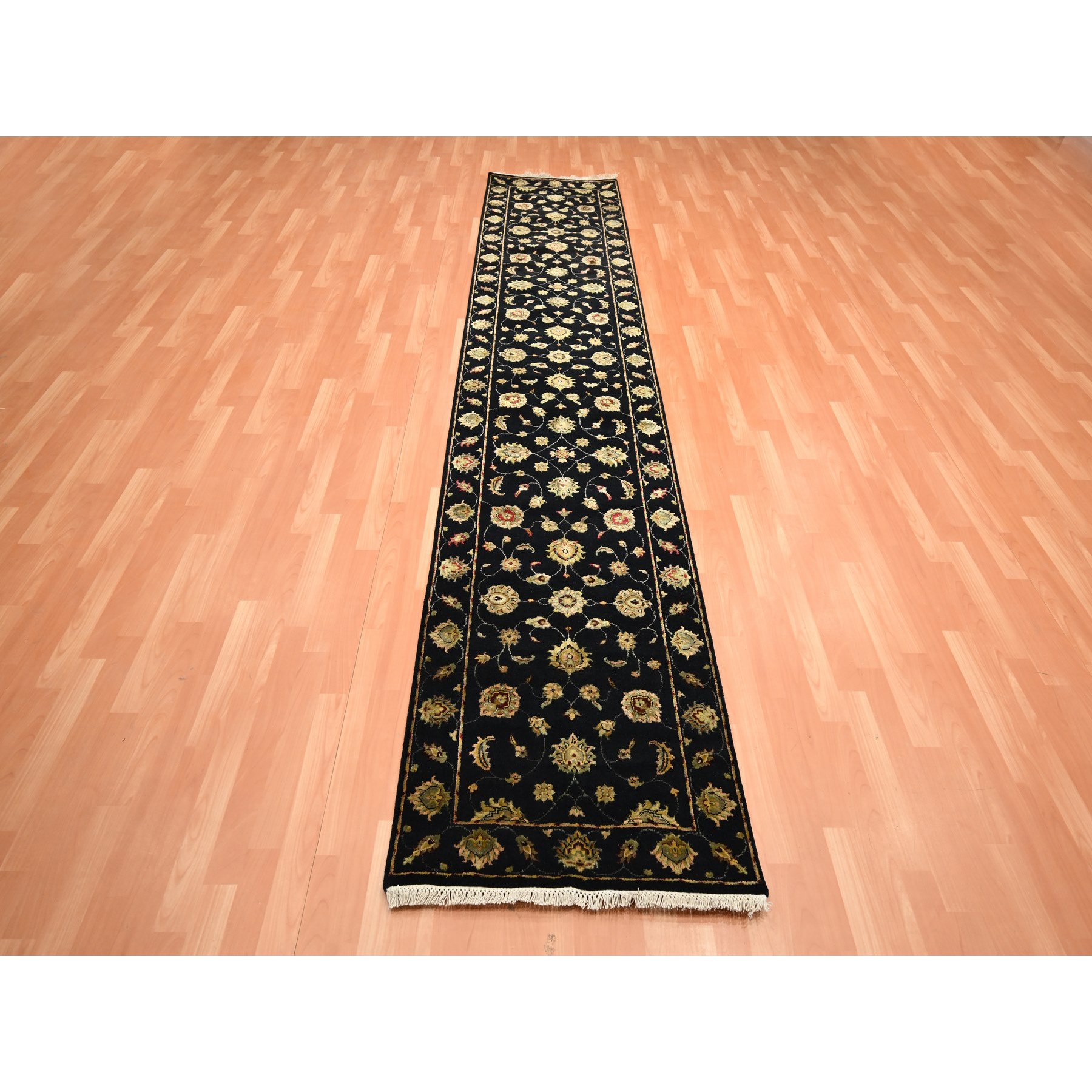 2'7"x12'3" Caviar Black, Soft Pile, Hand Knotted, Wool and Silk, Rajasthan with All Over Leaf Design, Thick and Plush, Runner, Oriental Rug Sh75611