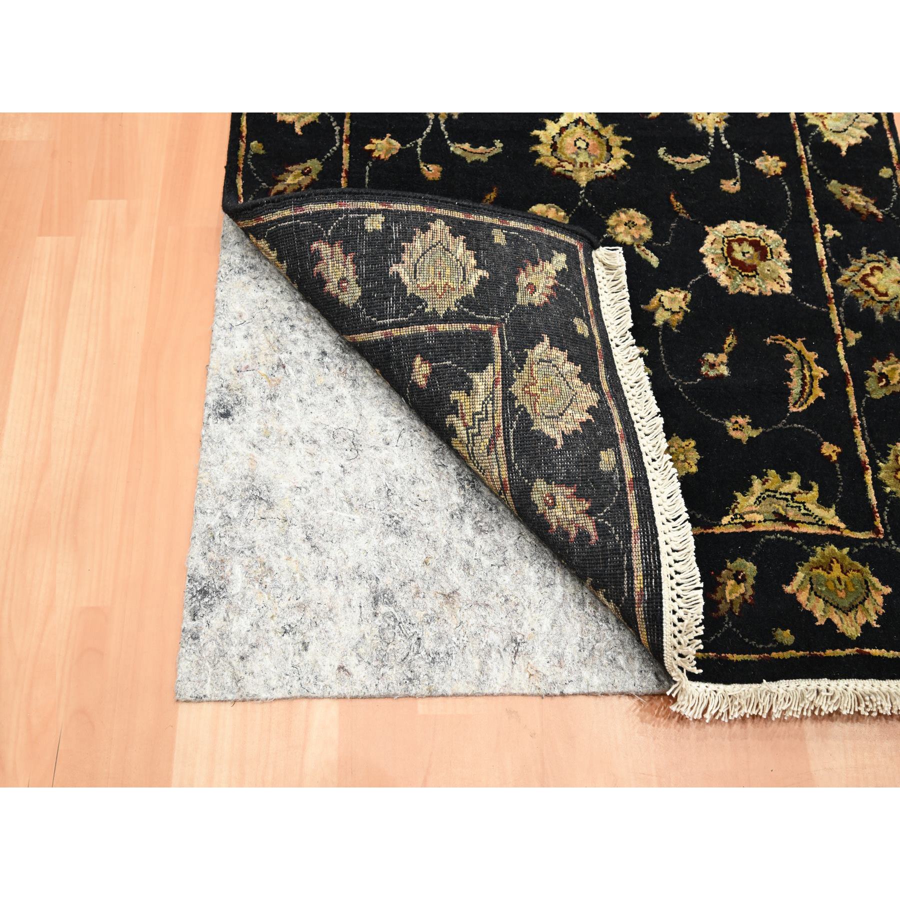 2'7"x12'3" Caviar Black, Soft Pile, Hand Knotted, Wool and Silk, Rajasthan with All Over Leaf Design, Thick and Plush, Runner, Oriental Rug Sh75611