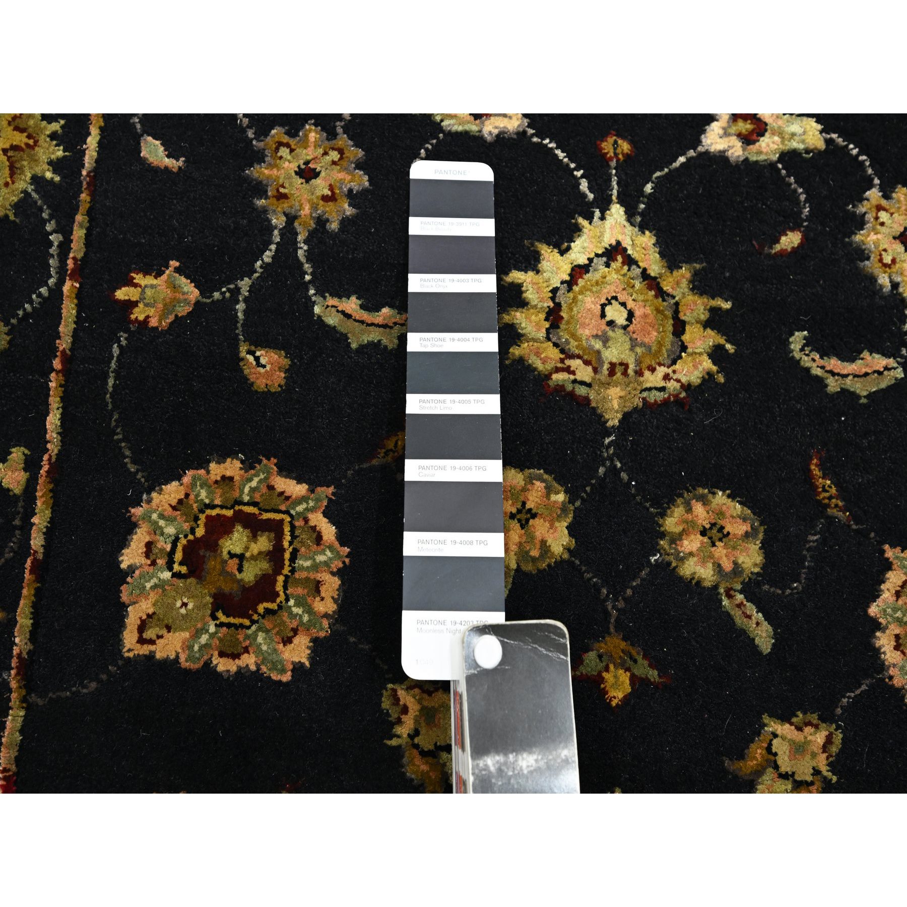 2'7"x12'3" Caviar Black, Soft Pile, Hand Knotted, Wool and Silk, Rajasthan with All Over Leaf Design, Thick and Plush, Runner, Oriental Rug Sh75611