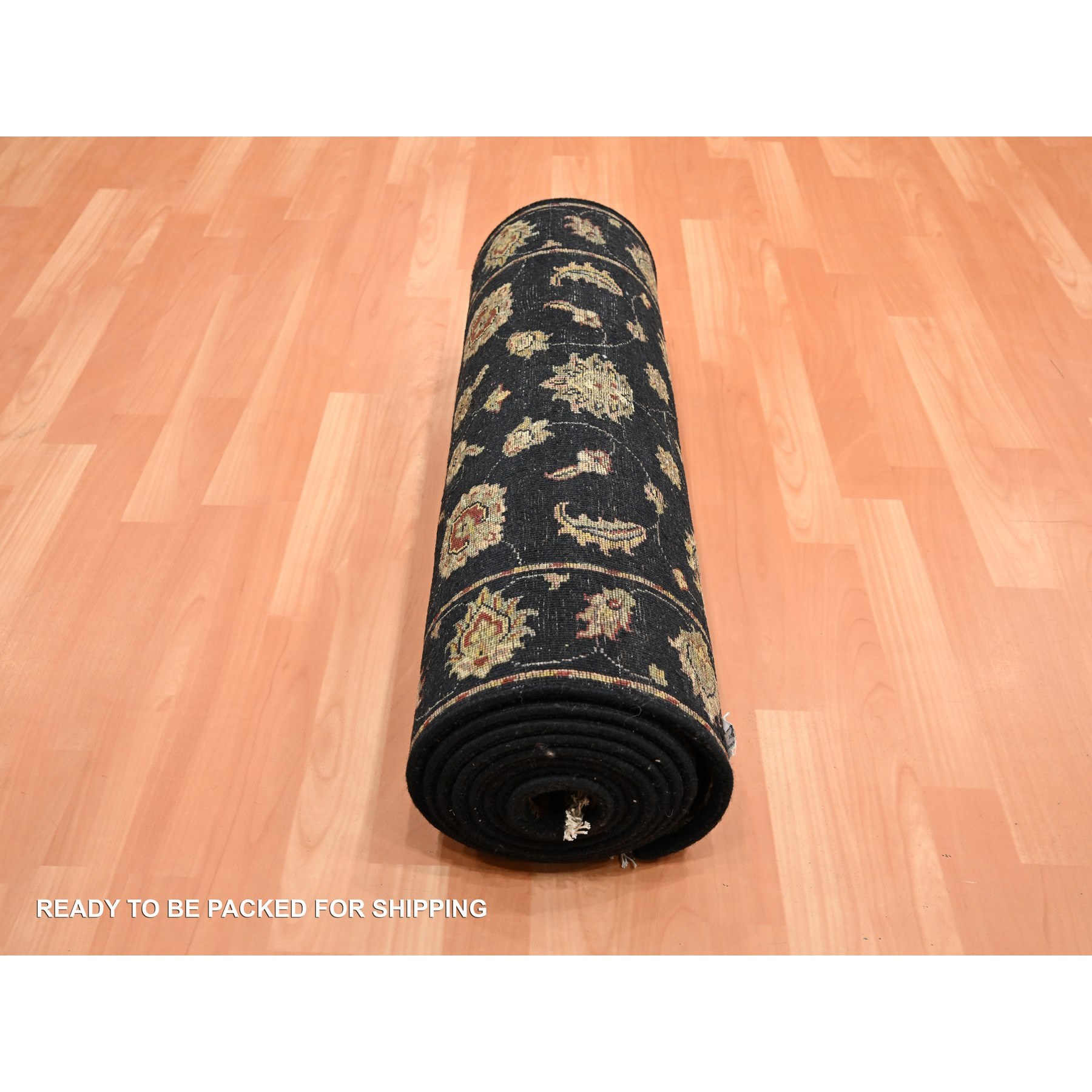 2'7"x12'3" Caviar Black, Soft Pile, Hand Knotted, Wool and Silk, Rajasthan with All Over Leaf Design, Thick and Plush, Runner, Oriental Rug Sh75611