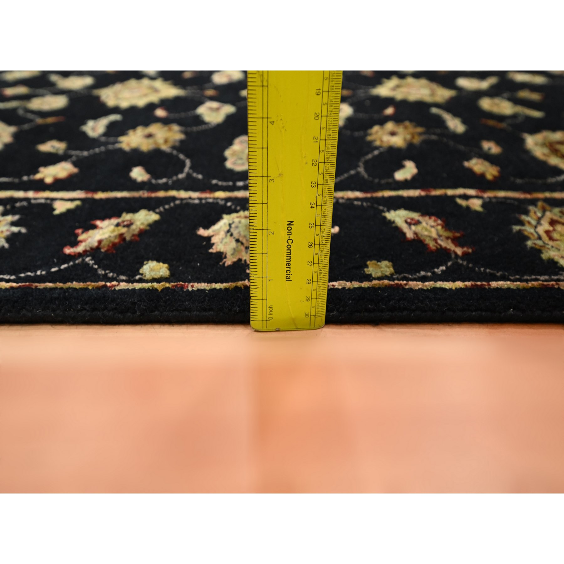 2'7"x12'3" Caviar Black, Soft Pile, Hand Knotted, Wool and Silk, Rajasthan with All Over Leaf Design, Thick and Plush, Runner, Oriental Rug Sh75611