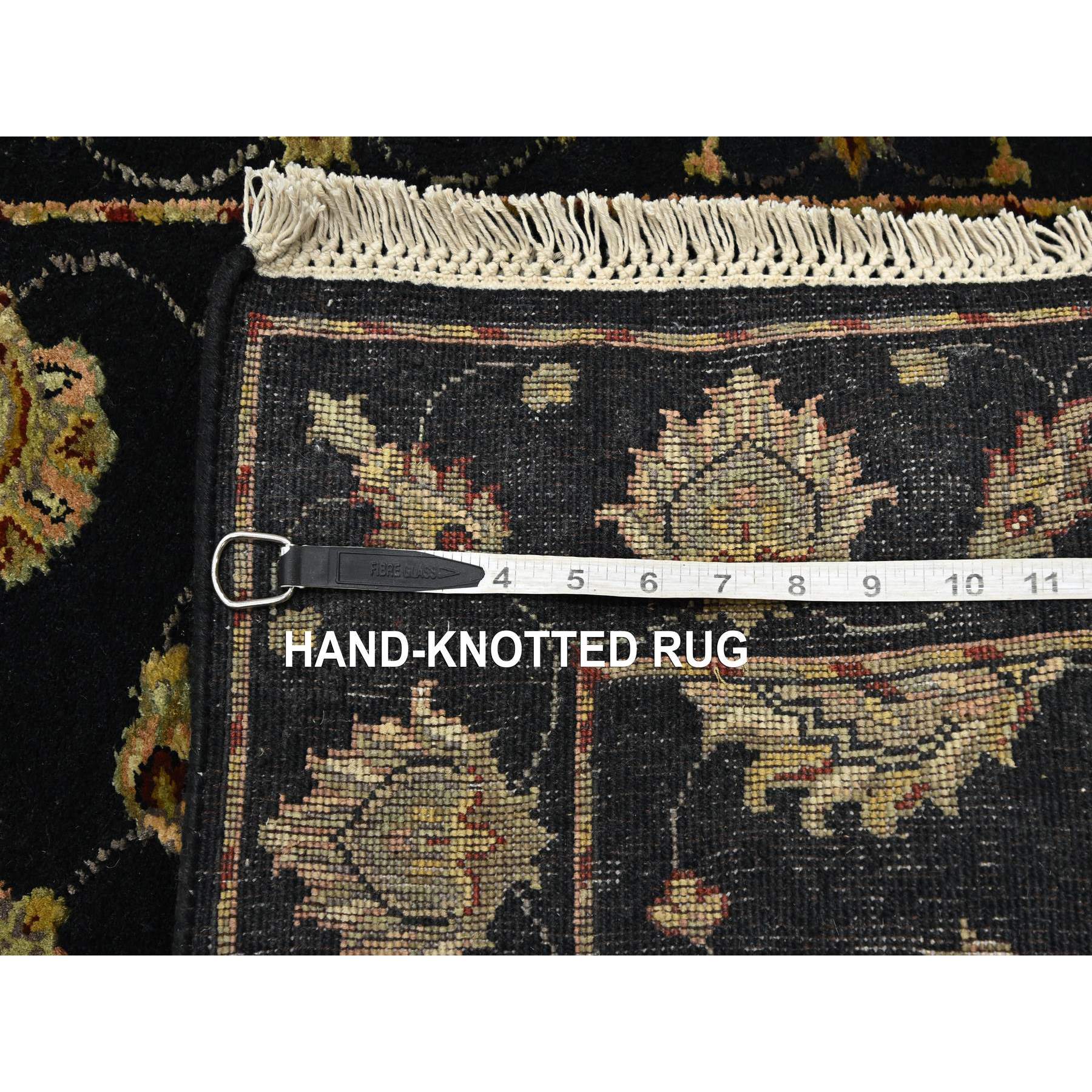 2'7"x12'3" Caviar Black, Soft Pile, Hand Knotted, Wool and Silk, Rajasthan with All Over Leaf Design, Thick and Plush, Runner, Oriental Rug Sh75611