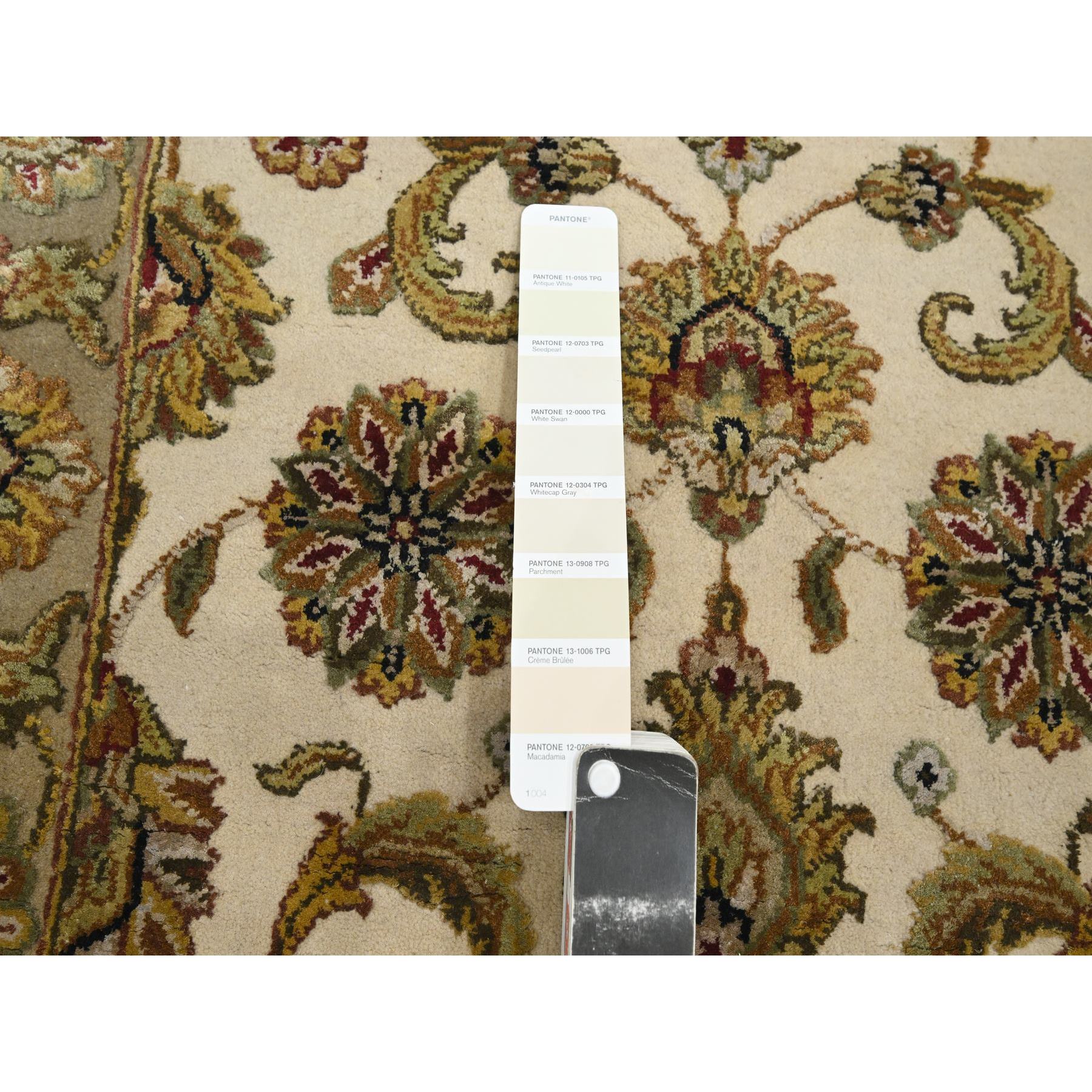 2'6"x8' Alabaster White, Rajasthan with All Over Leaf Design, Hand Knotted, Wool and Silk, Soft Pile, Thick and Plush, Runner, Oriental Rug Sh75612