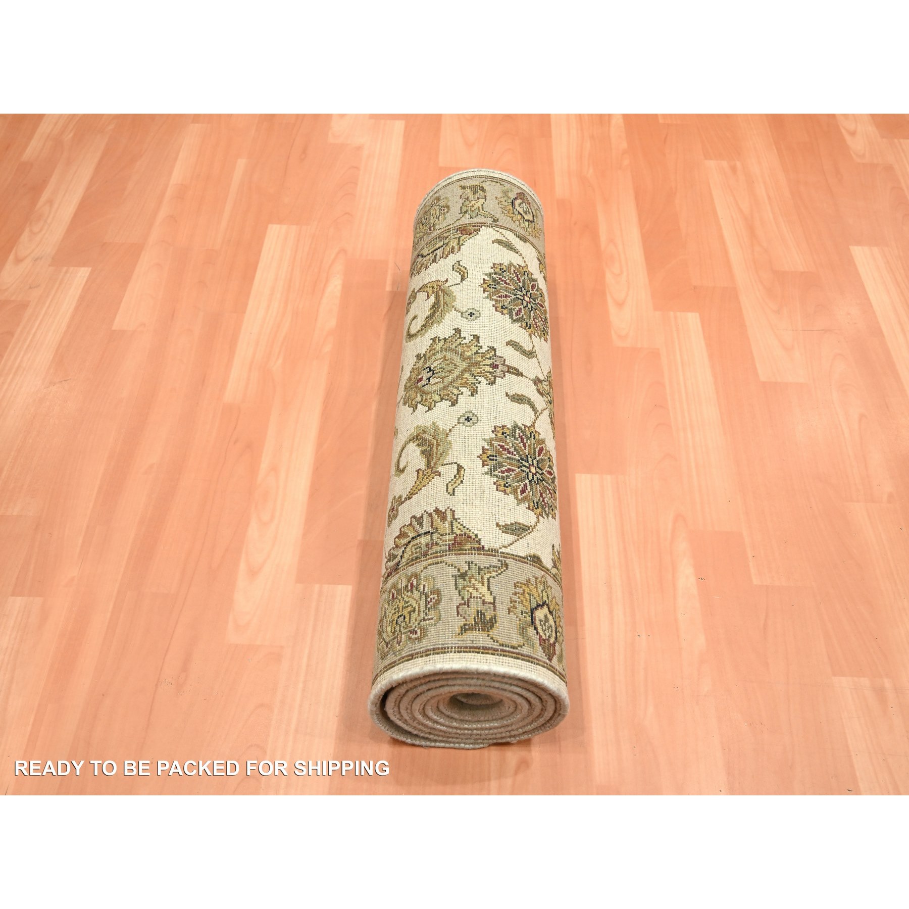 2'6"x8' Alabaster White, Rajasthan with All Over Leaf Design, Hand Knotted, Wool and Silk, Soft Pile, Thick and Plush, Runner, Oriental Rug Sh75612
