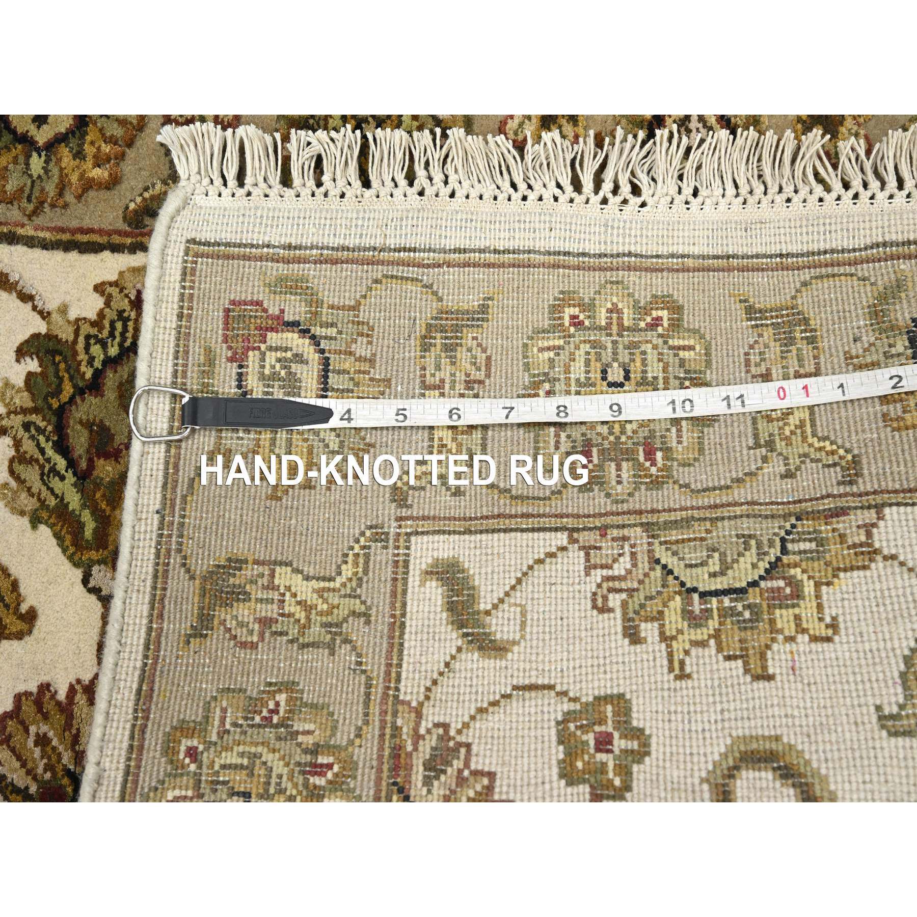 2'6"x8' Alabaster White, Rajasthan with All Over Leaf Design, Hand Knotted, Wool and Silk, Soft Pile, Thick and Plush, Runner, Oriental Rug Sh75612