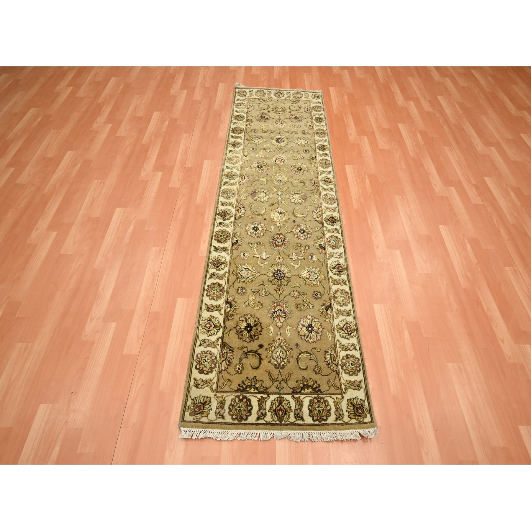 2'7"x8'1" Ecru Brown, Rajasthan with All Over Leaf Design, Hand Knotted, Wool and Silk, Densely Woven, Thick and Plush, Runner, Oriental Rug Sh75613