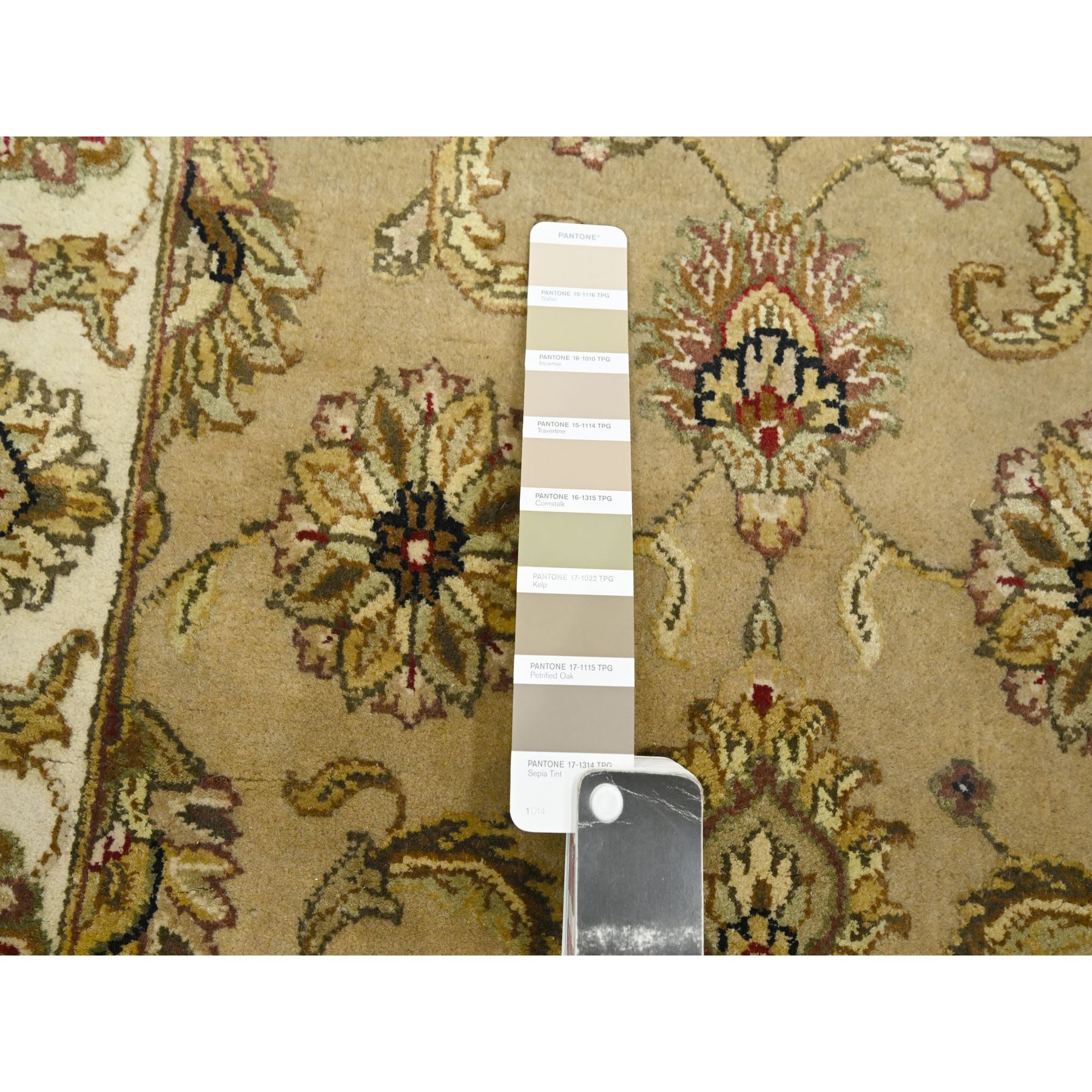 2'7"x8'1" Ecru Brown, Rajasthan with All Over Leaf Design, Hand Knotted, Wool and Silk, Densely Woven, Thick and Plush, Runner, Oriental Rug Sh75613