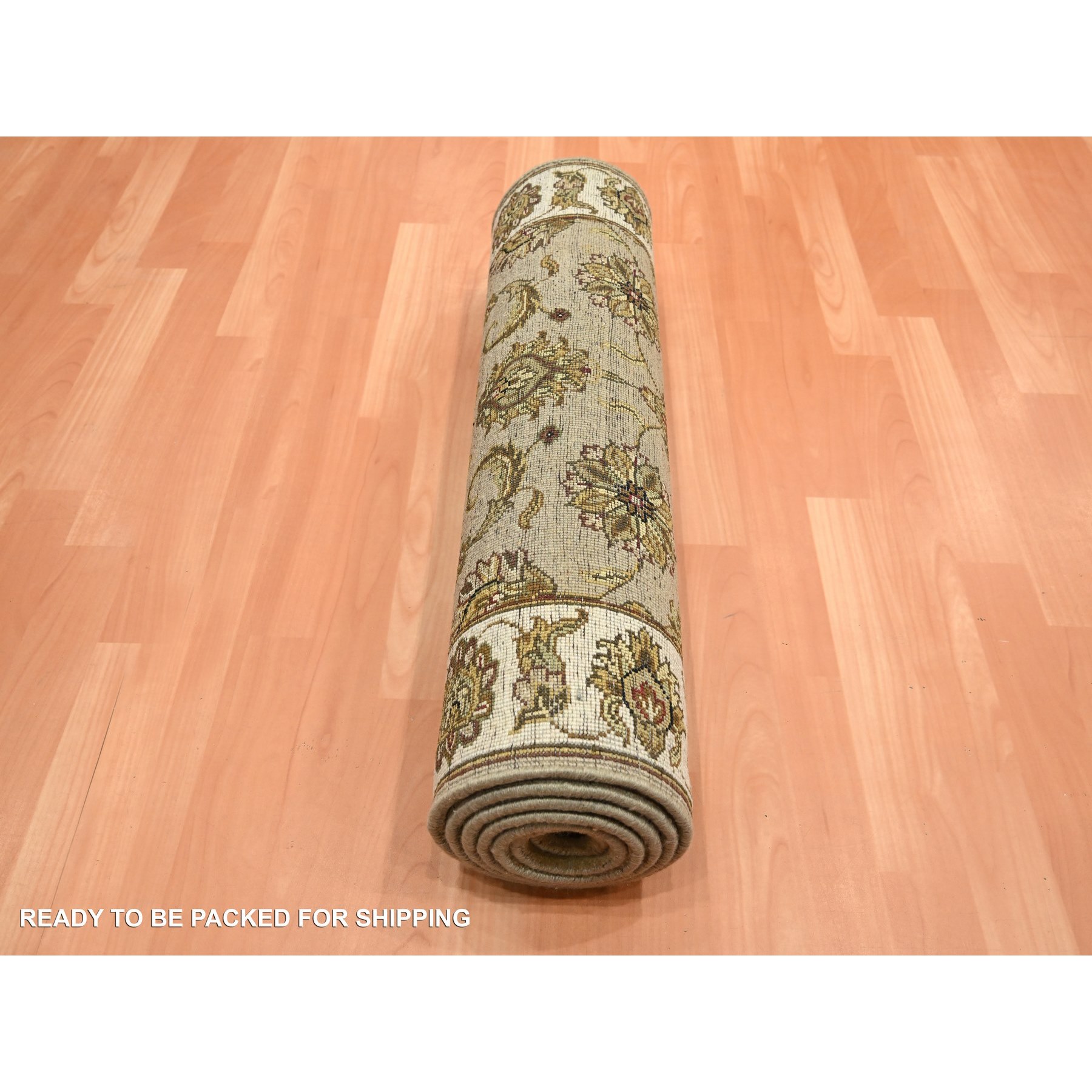 2'7"x8'1" Ecru Brown, Rajasthan with All Over Leaf Design, Hand Knotted, Wool and Silk, Densely Woven, Thick and Plush, Runner, Oriental Rug Sh75613