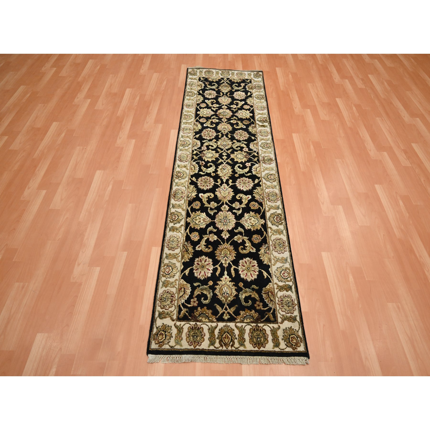 2'6"x8' Jade Black, Rajasthan with All Over Leaf Design, Hand Knotted, Wool and Silk, Densely Woven, Thick and Plush, Runner, Oriental Rug Sh75614