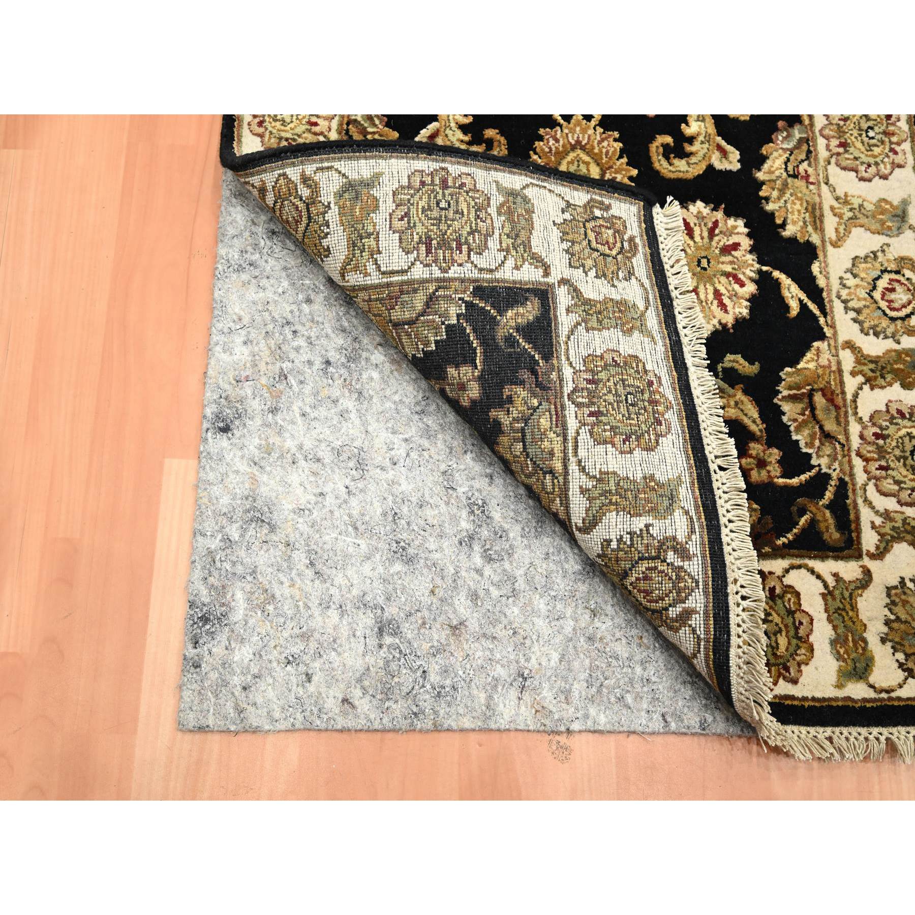 2'6"x8' Jade Black, Rajasthan with All Over Leaf Design, Hand Knotted, Wool and Silk, Densely Woven, Thick and Plush, Runner, Oriental Rug Sh75614