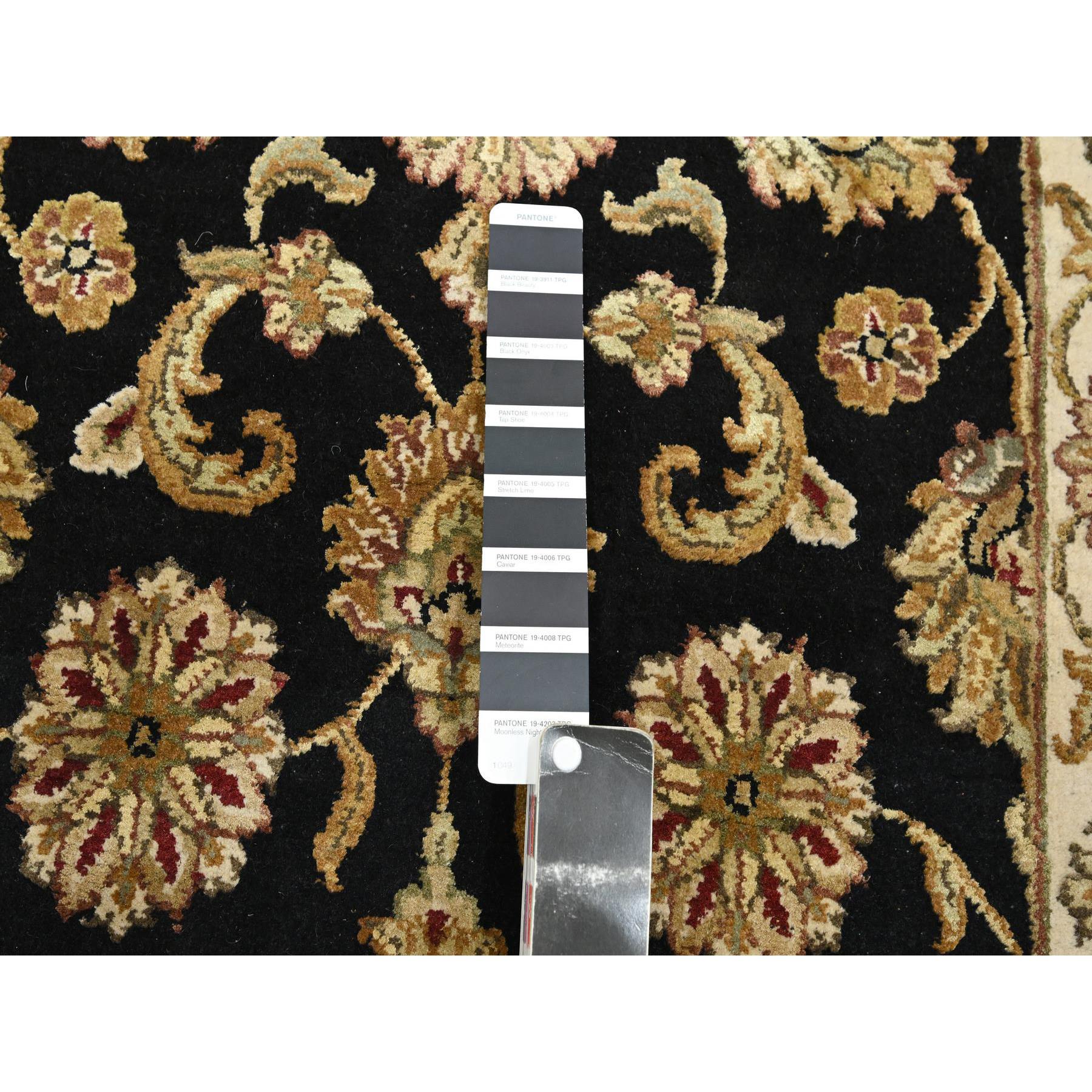 2'6"x8' Jade Black, Rajasthan with All Over Leaf Design, Hand Knotted, Wool and Silk, Densely Woven, Thick and Plush, Runner, Oriental Rug Sh75614