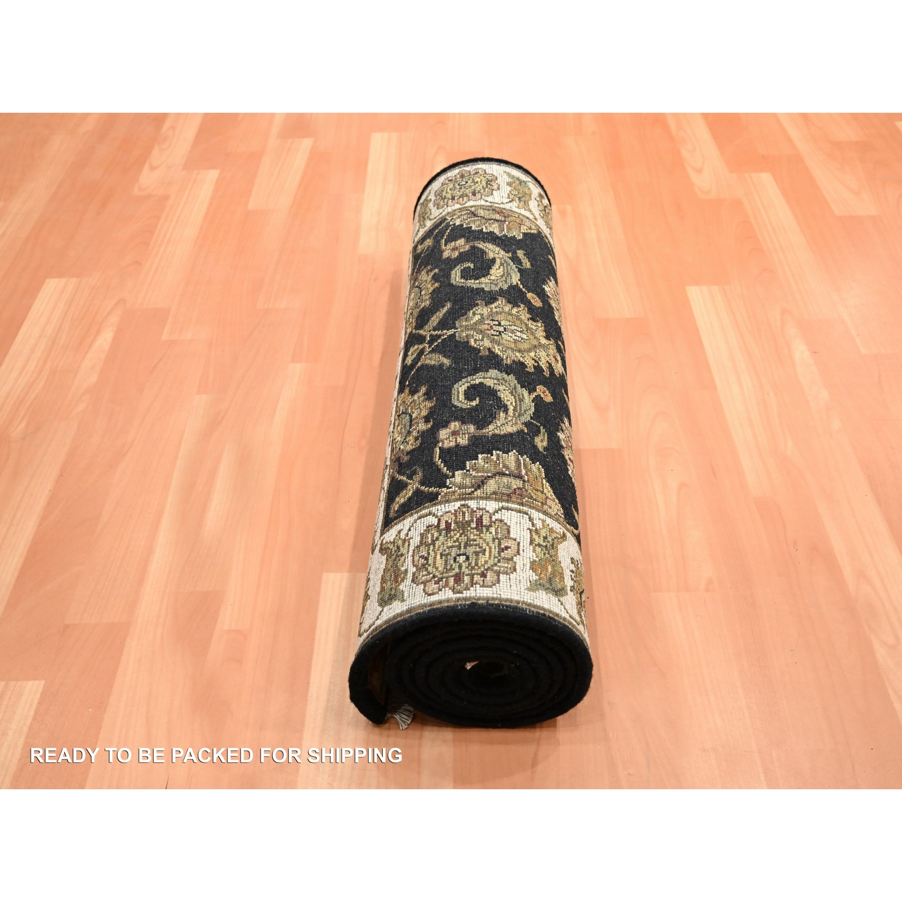 2'6"x8' Jade Black, Rajasthan with All Over Leaf Design, Hand Knotted, Wool and Silk, Densely Woven, Thick and Plush, Runner, Oriental Rug Sh75614