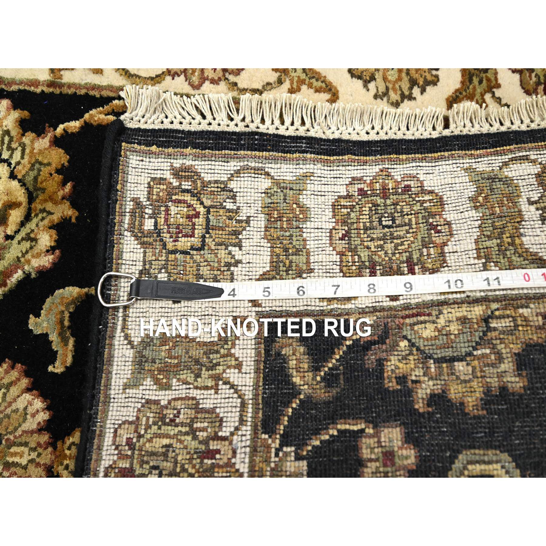 2'6"x8' Jade Black, Rajasthan with All Over Leaf Design, Hand Knotted, Wool and Silk, Densely Woven, Thick and Plush, Runner, Oriental Rug Sh75614