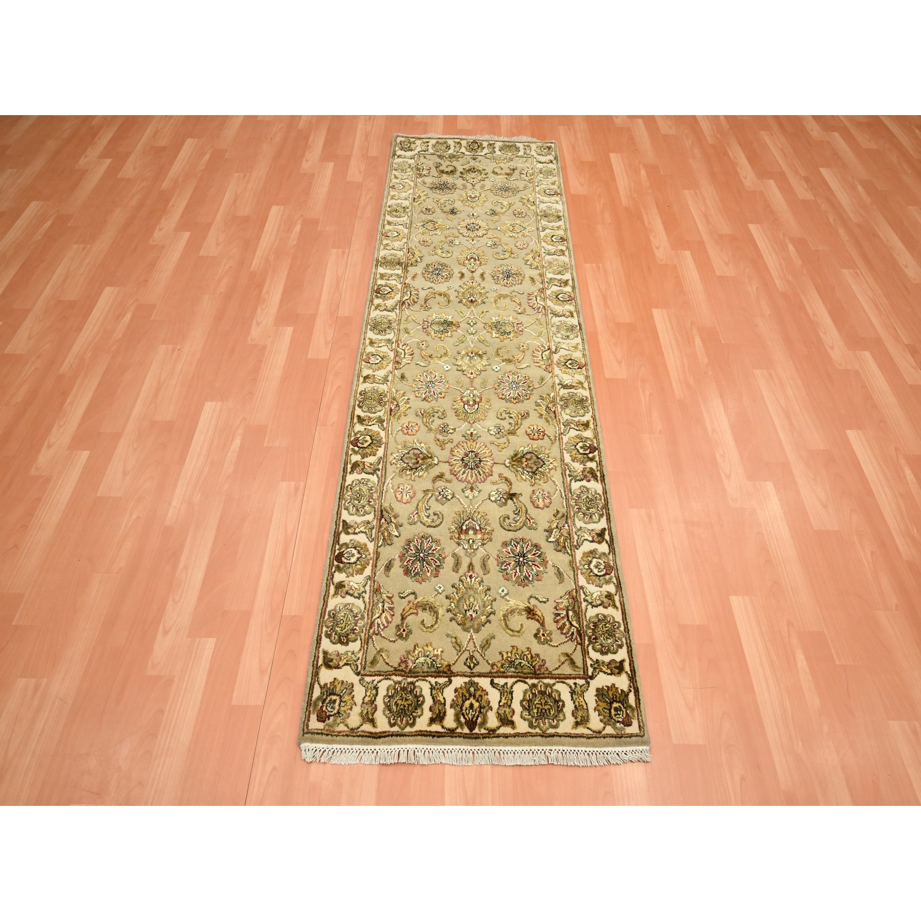 2'6"x8' Dark Vanilla Brown, Rajasthan with All Over Leaf Design, Hand Knotted, Wool and Silk, Soft Pile, Thick and Plush, Runner, Oriental Rug Sh75615