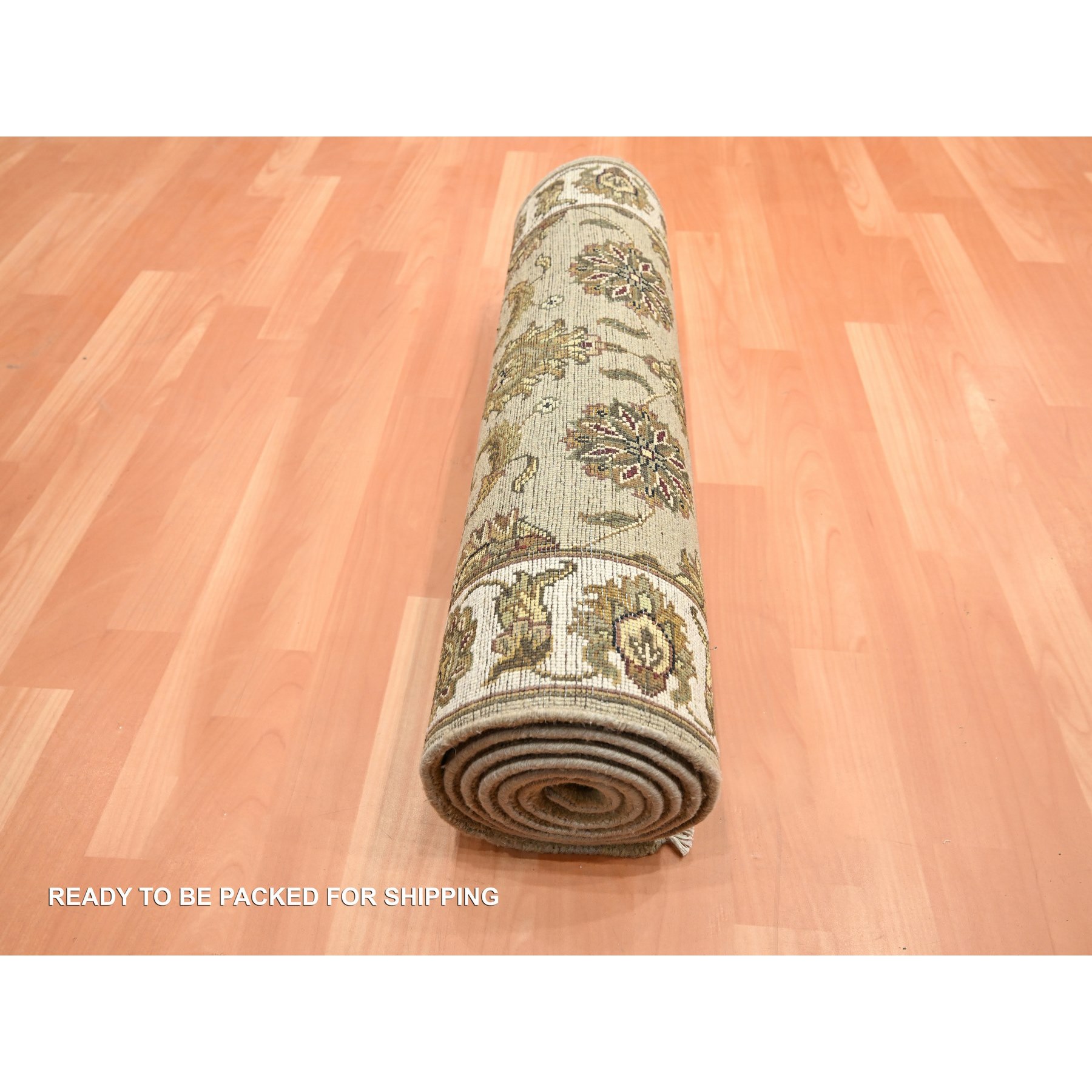 2'6"x8' Dark Vanilla Brown, Rajasthan with All Over Leaf Design, Hand Knotted, Wool and Silk, Soft Pile, Thick and Plush, Runner, Oriental Rug Sh75615