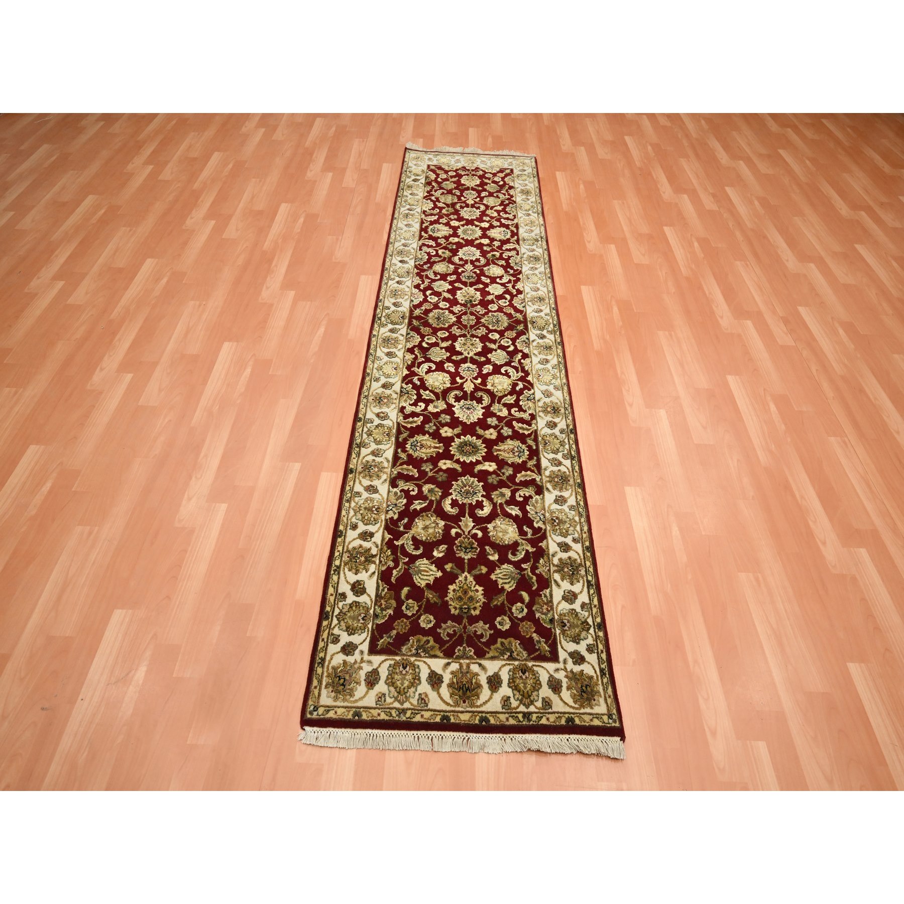 2'6"x9'5" Angels Red, Wool and Silk, Soft Pile, Rajasthan with All Over Leaf Design, Hand Knotted, Thick and Plush, Runner, Oriental Rug Sh75616