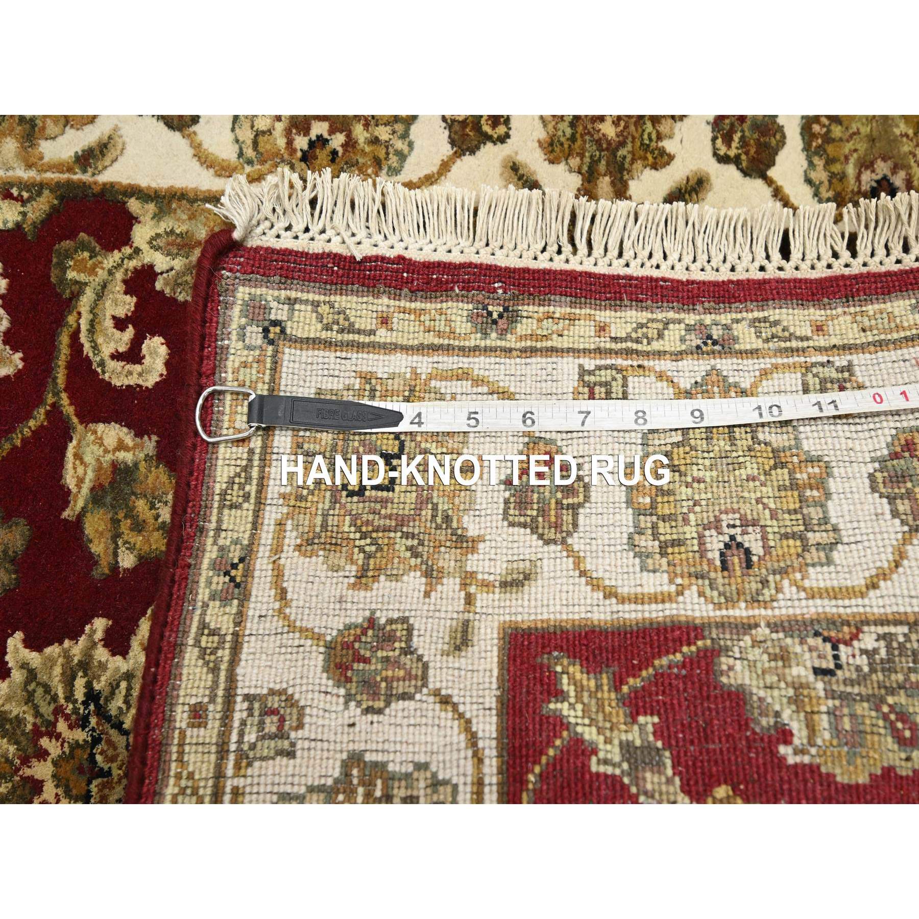 2'6"x9'5" Angels Red, Wool and Silk, Soft Pile, Rajasthan with All Over Leaf Design, Hand Knotted, Thick and Plush, Runner, Oriental Rug Sh75616