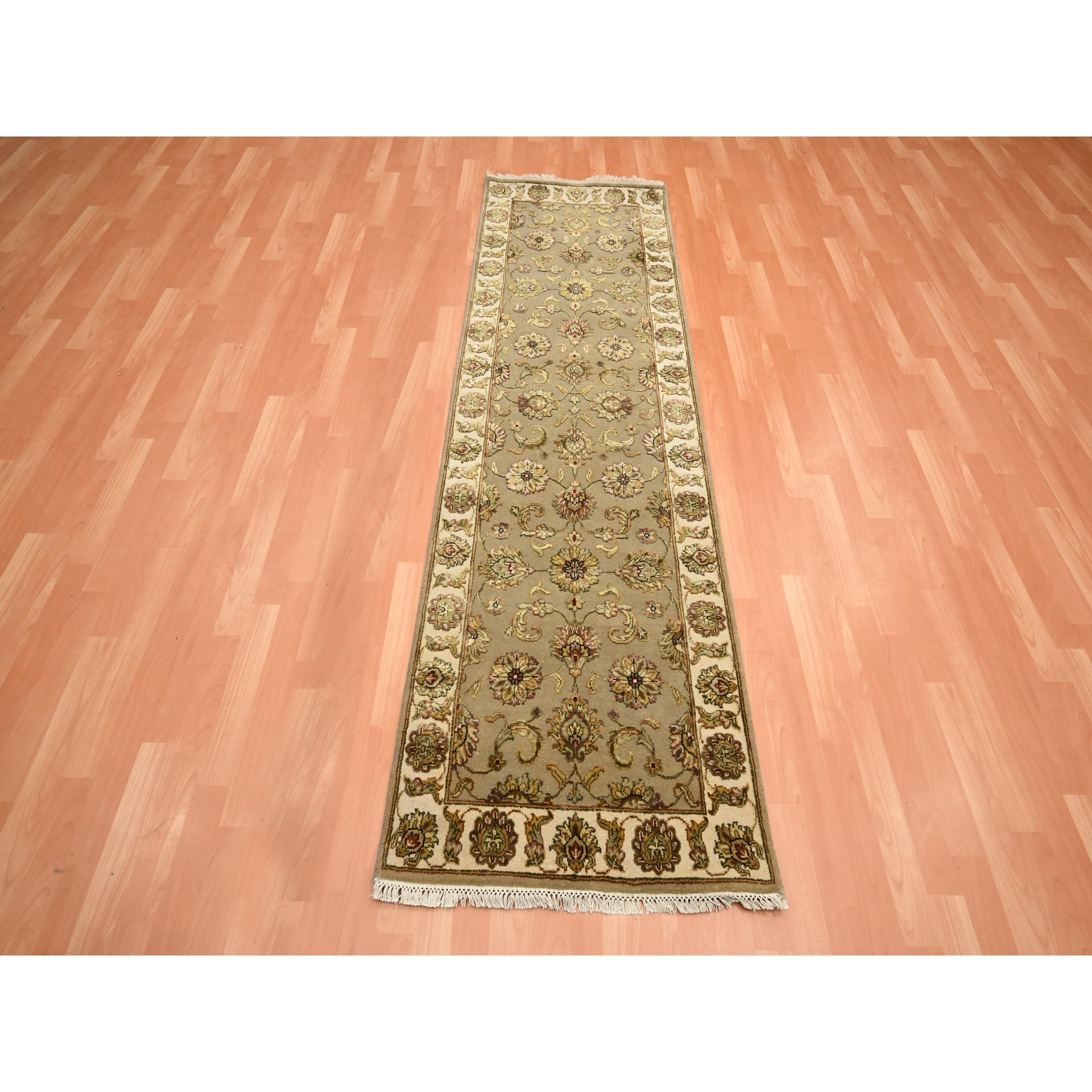 2'6"x8'3" Desert Sand Brown, Hand Knotted, Rajasthan with All Over Leaf Design, Wool and Silk, Soft Pile, Thick and Plush, Runner, Oriental Rug Sh75617