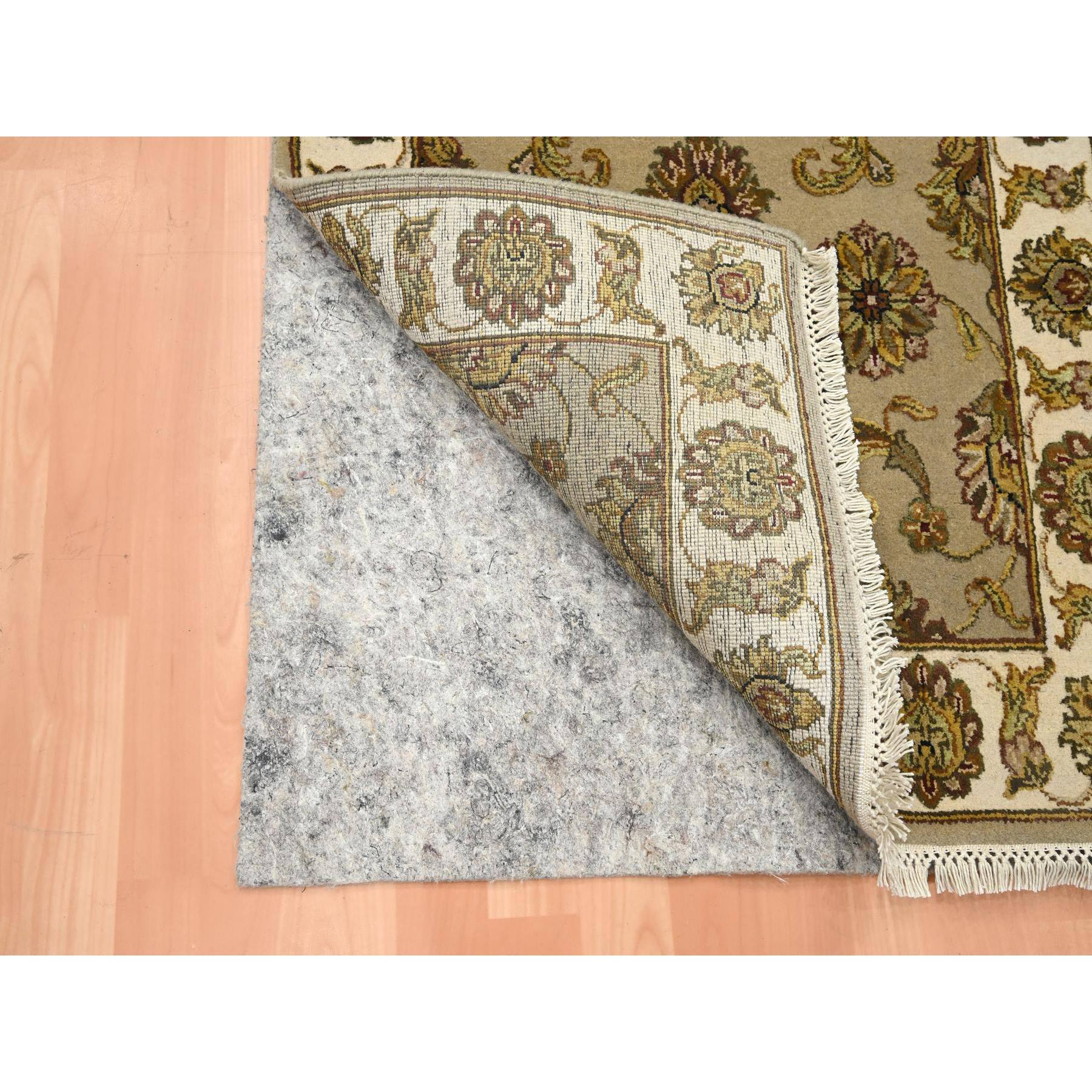 2'6"x8'3" Desert Sand Brown, Hand Knotted, Rajasthan with All Over Leaf Design, Wool and Silk, Soft Pile, Thick and Plush, Runner, Oriental Rug Sh75617