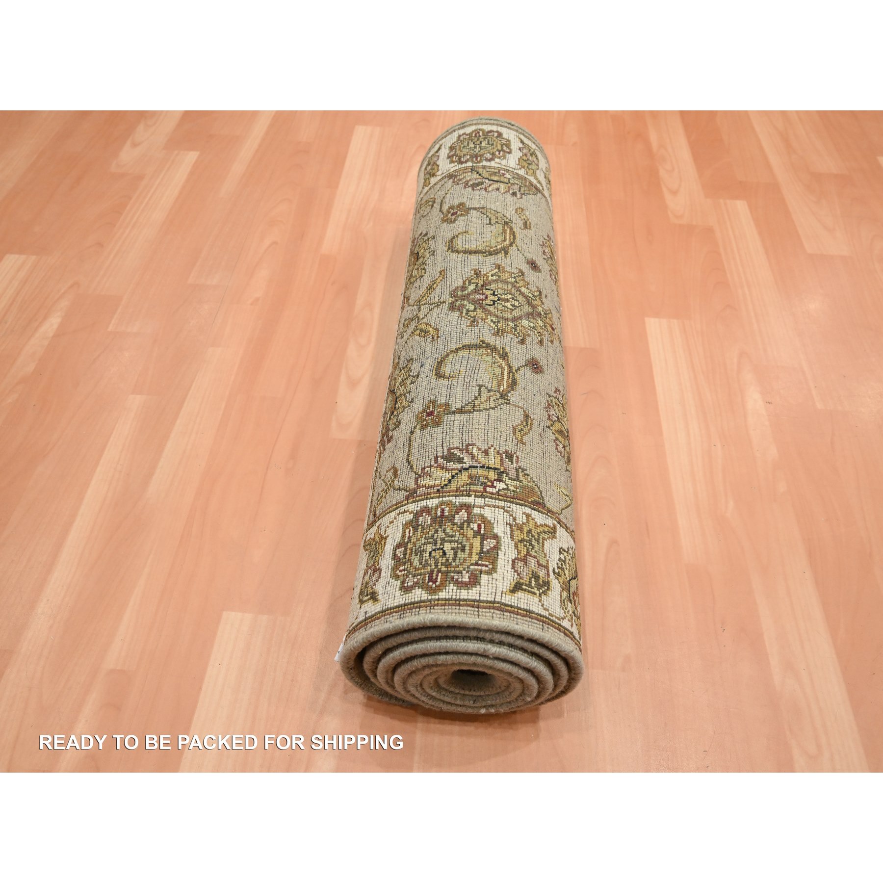2'6"x8'3" Desert Sand Brown, Hand Knotted, Rajasthan with All Over Leaf Design, Wool and Silk, Soft Pile, Thick and Plush, Runner, Oriental Rug Sh75617