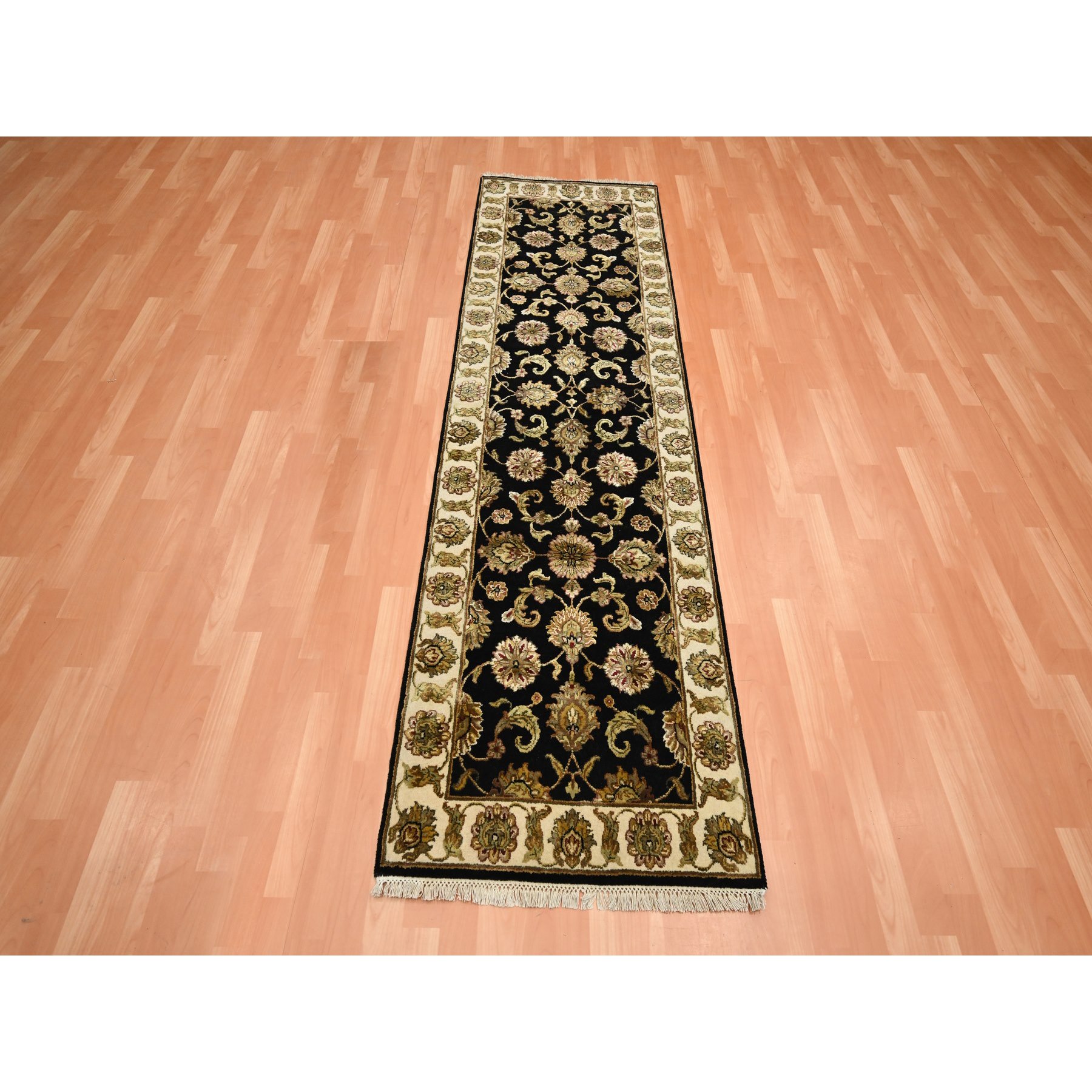2'6"x8'3" Ebony Black, Rajasthan with All Over Leaf Design, Hand Knotted, Wool and Silk, Densely Woven, Thick and Plush, Runner, Oriental Rug Sh75618