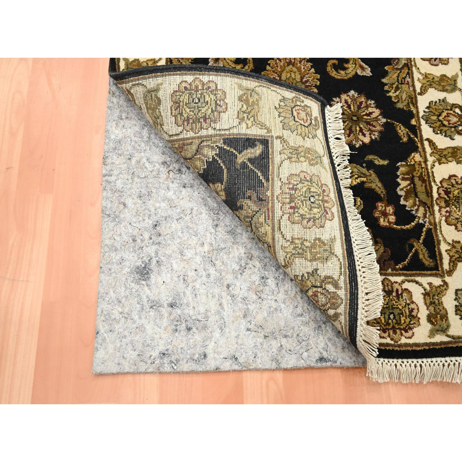 2'6"x8'3" Ebony Black, Rajasthan with All Over Leaf Design, Hand Knotted, Wool and Silk, Densely Woven, Thick and Plush, Runner, Oriental Rug Sh75618