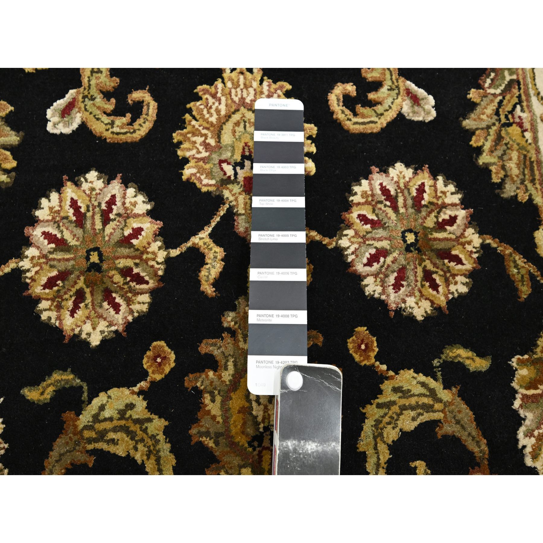 2'6"x8'3" Ebony Black, Rajasthan with All Over Leaf Design, Hand Knotted, Wool and Silk, Densely Woven, Thick and Plush, Runner, Oriental Rug Sh75618